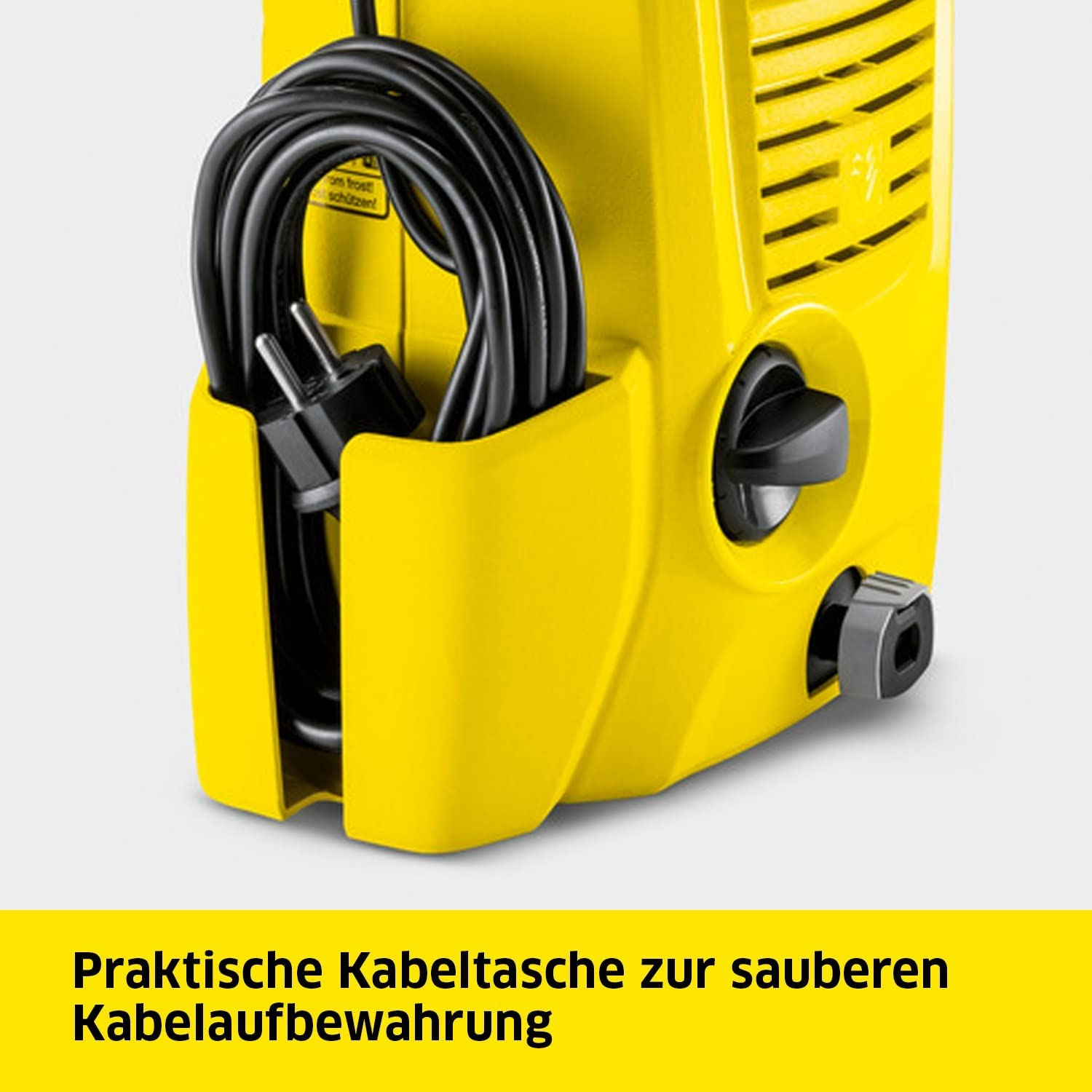 Hidrolavadora amarilla con cable negro, texto: 'Praktische Kabeltasche zur sauberen Kabelaufbewahrung'.