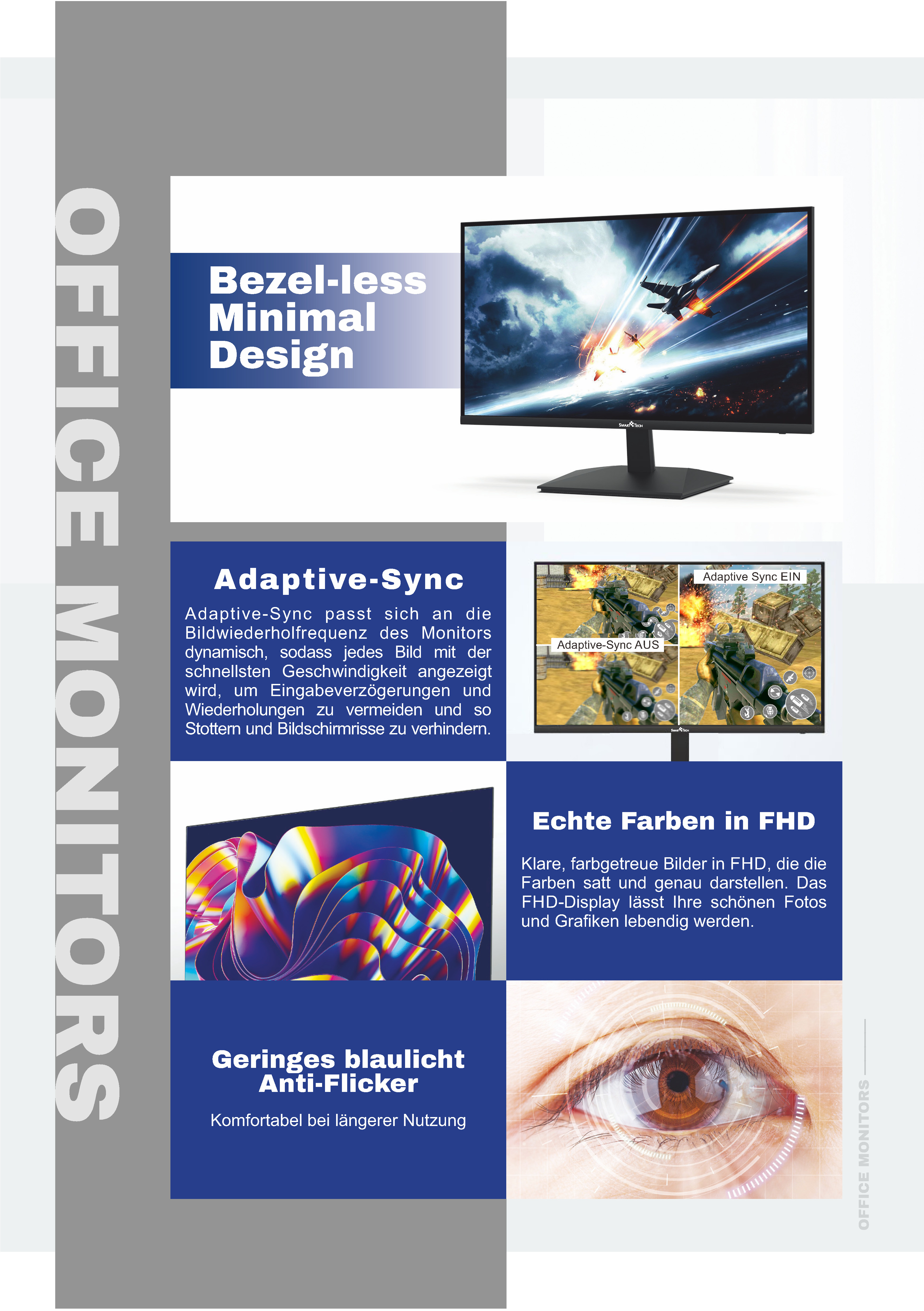 Grafika promocyjna monitorów biurowych z tekstem i zdjęciami produktu.