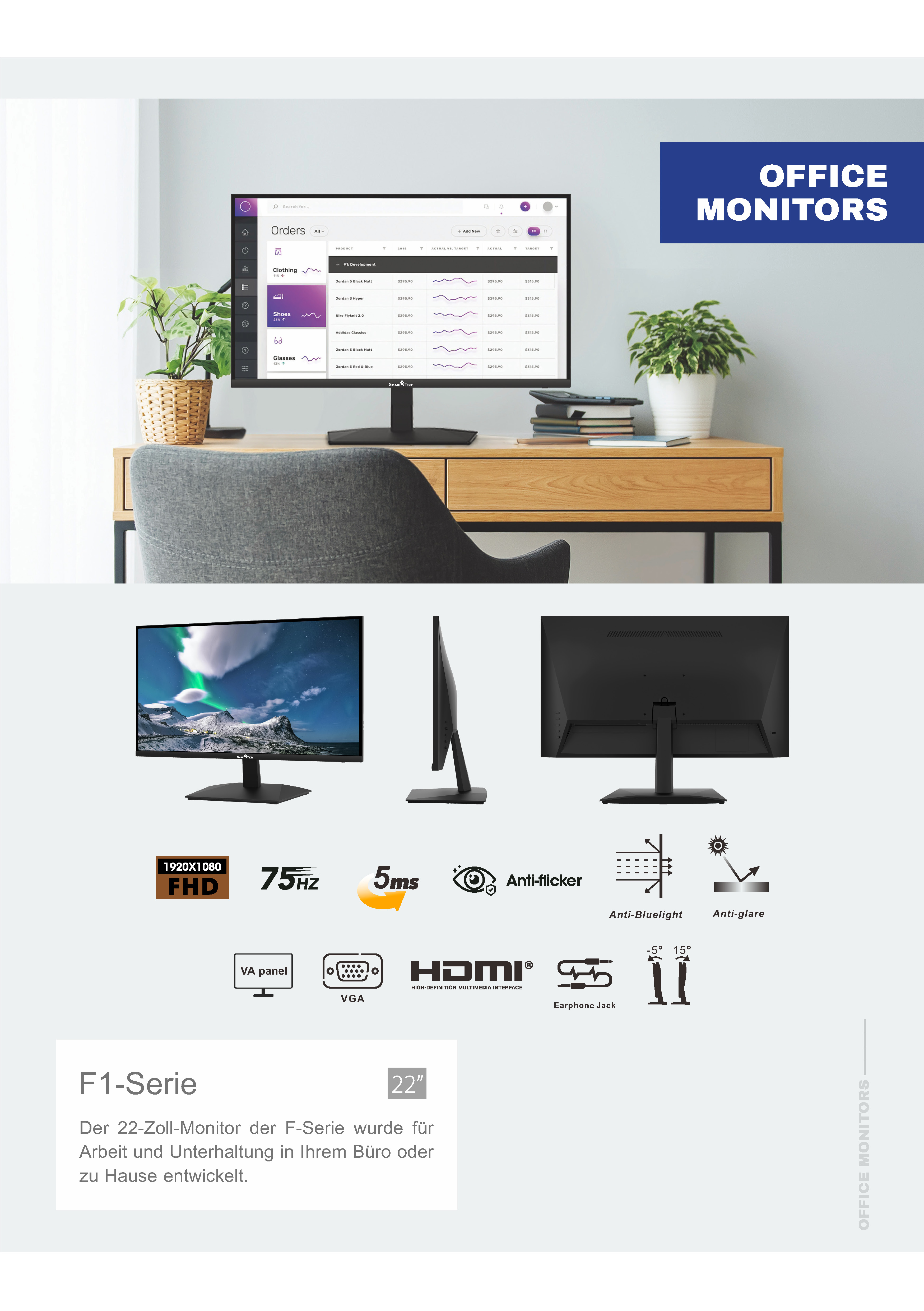 Monitor komputera z wyświetlaniem danych. Cechy: FHD, 75Hz, HDMI.