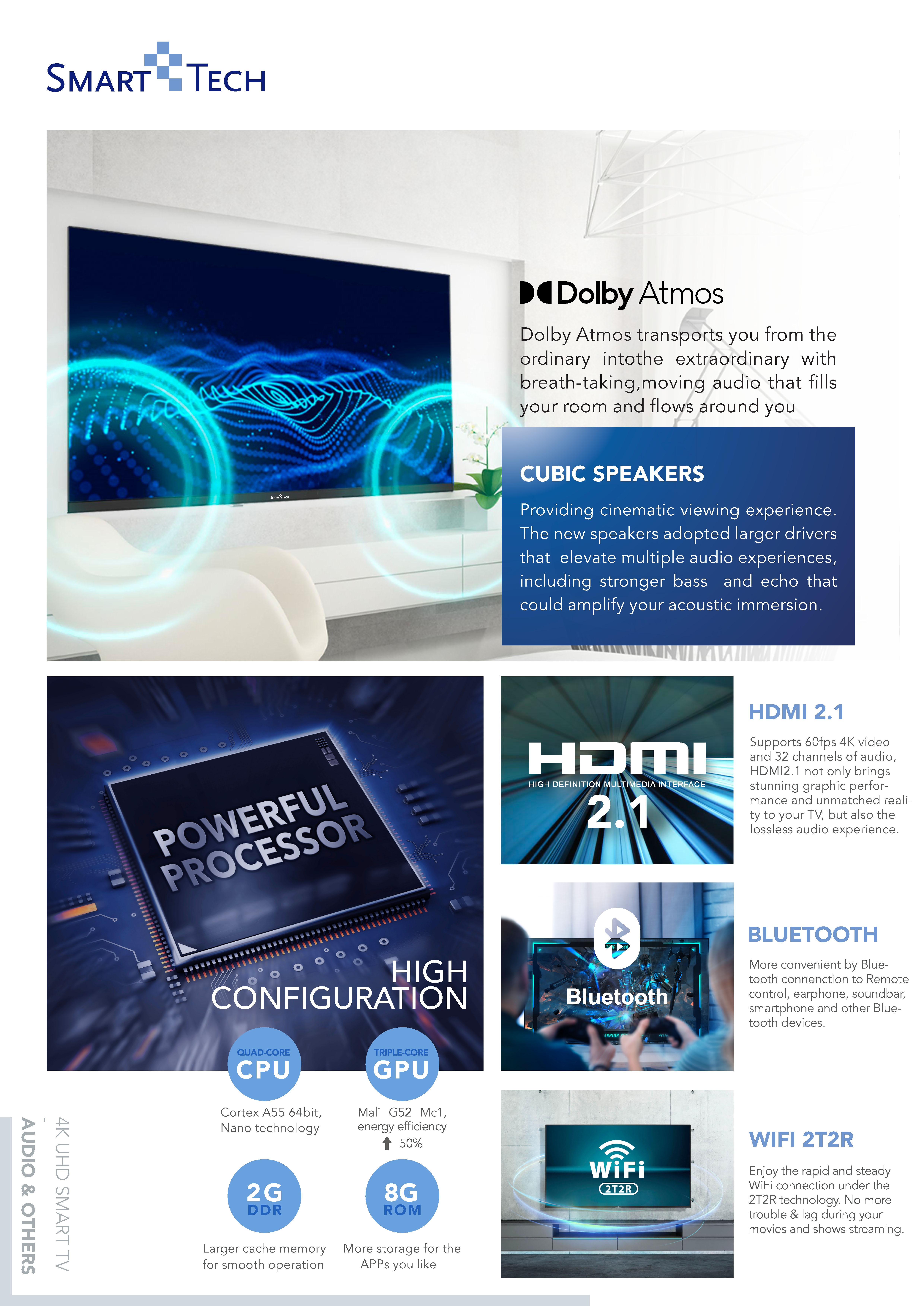 Una página promocional para un Smart Tech TV. Muestra las características y beneficios del televisor.