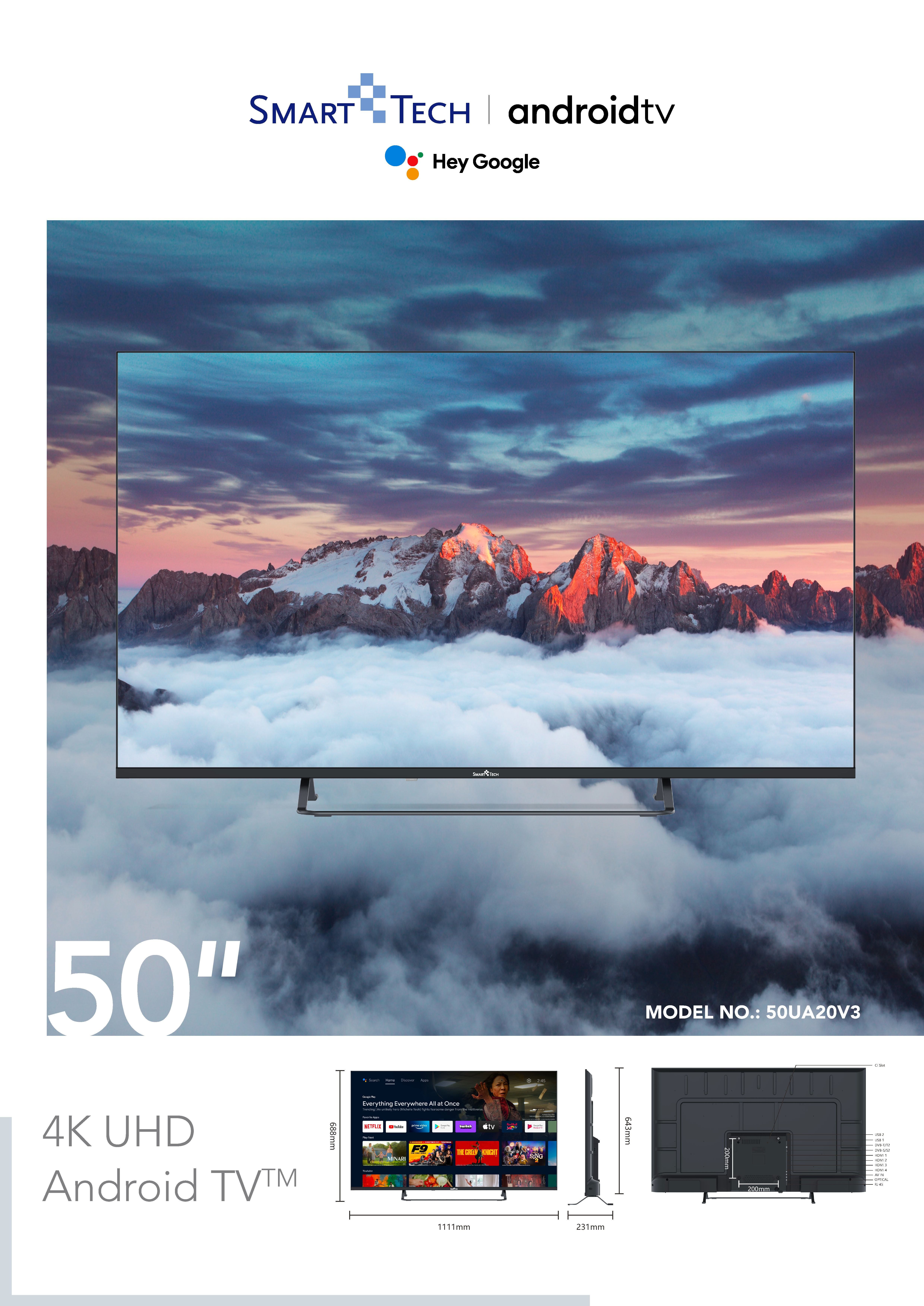Un Smart Tech Android TV de 50" con fondo de montaña.