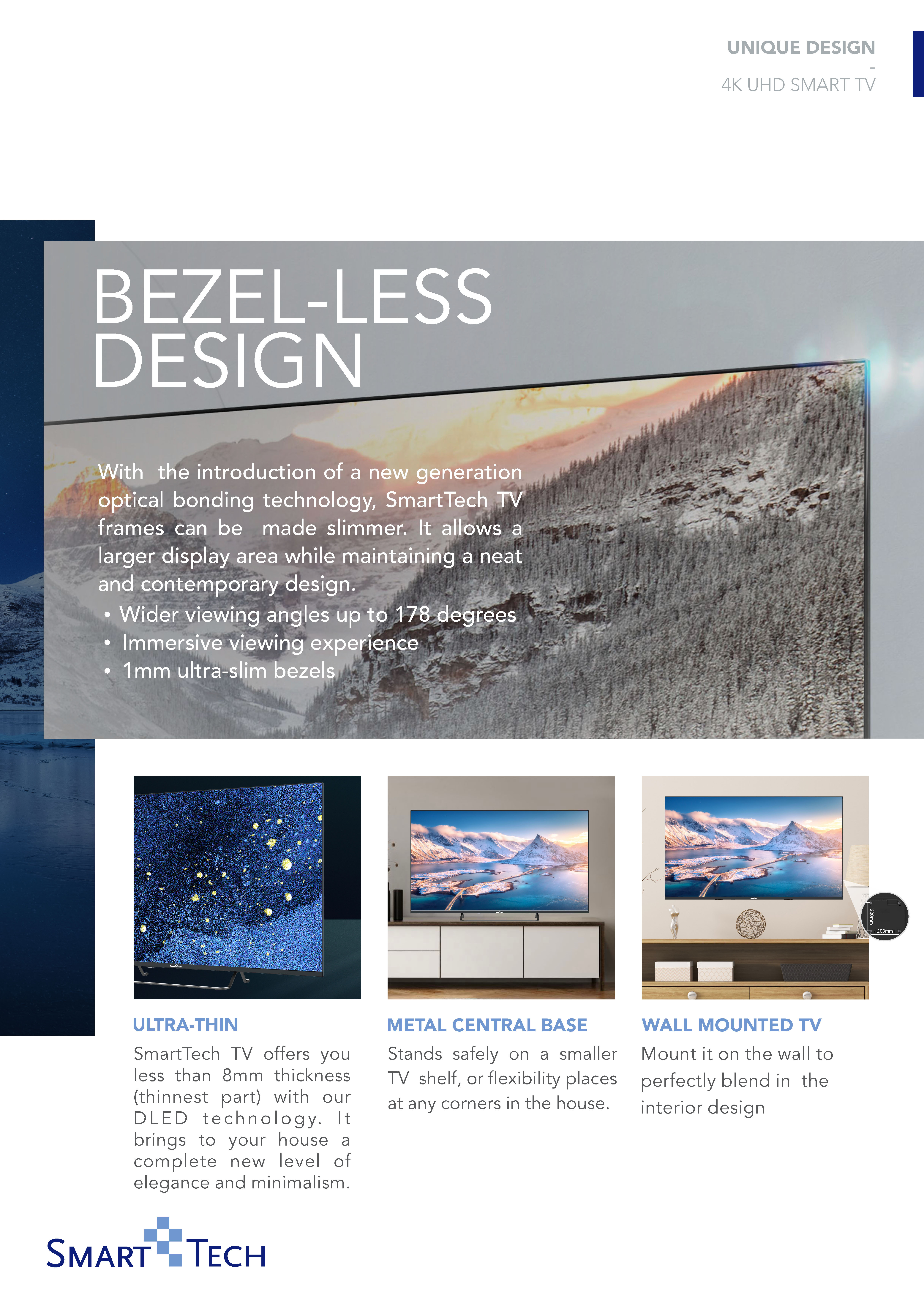 Imagen promocional de un televisor SmartTech. Texto sobre diseño sin bisel y ejemplos.
