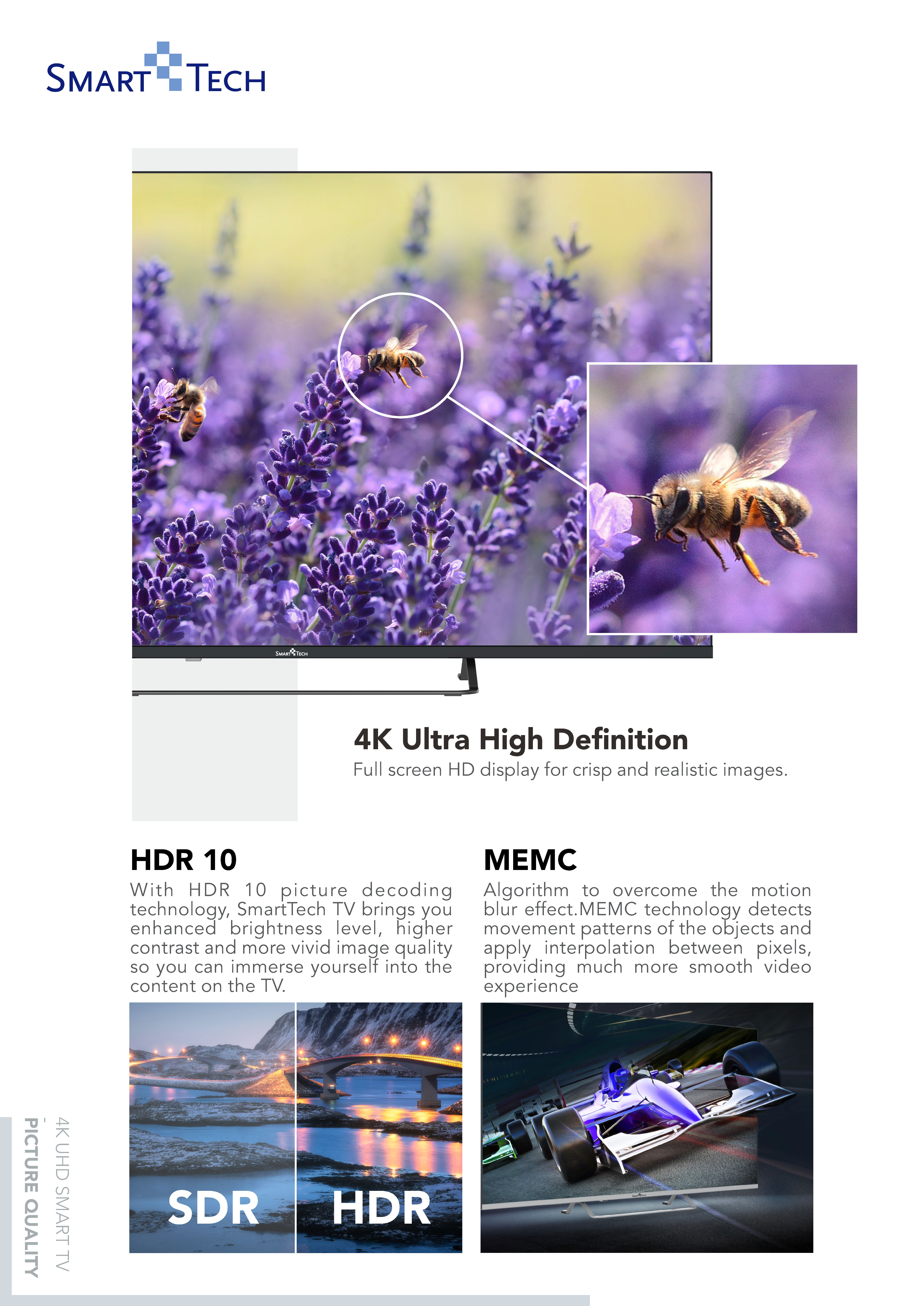 Un anuncio con un televisor, abejas y texto sobre 4K Ultra High Definition y tecnología HDR 10.