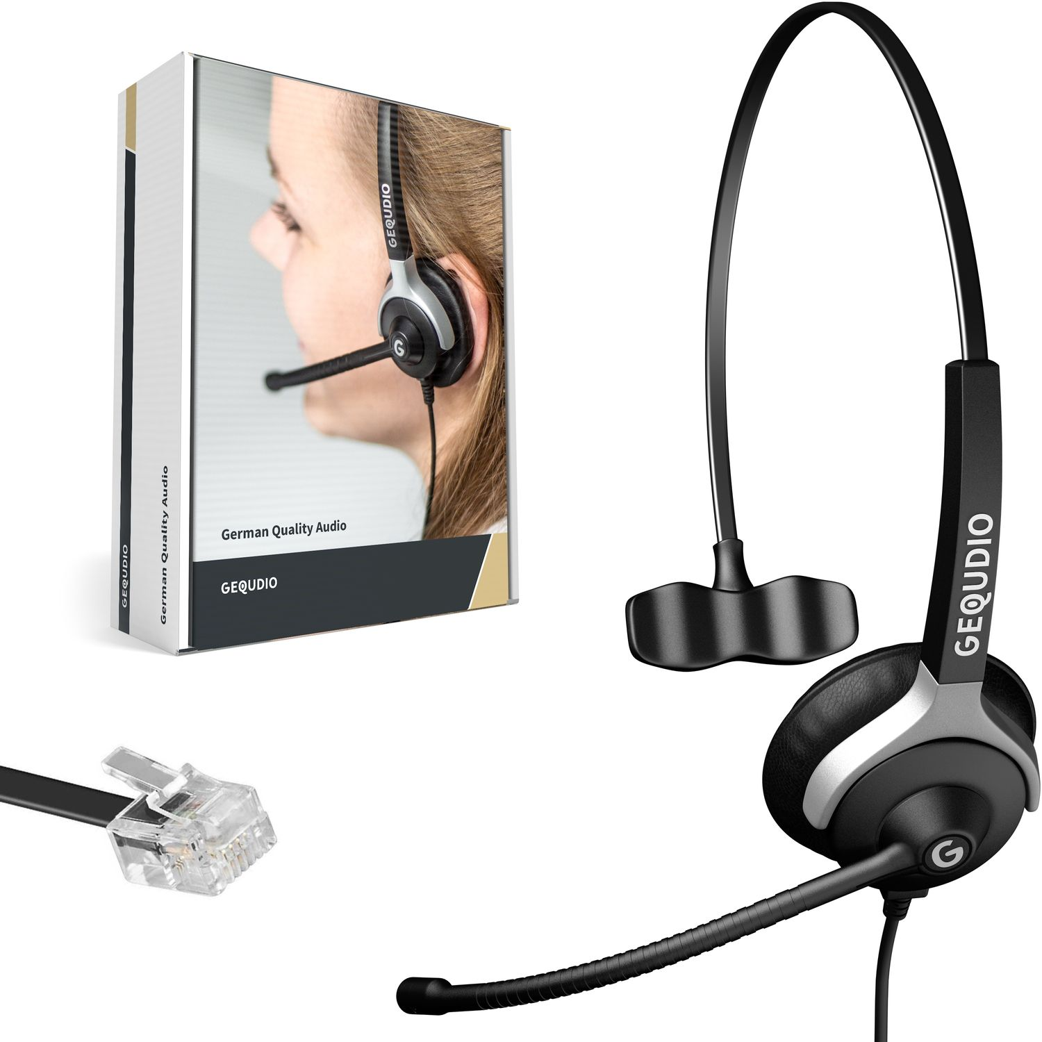 Headset und Box auf weißem Hintergrund. Headset ist schwarz und grau mit Mikrofonarm.