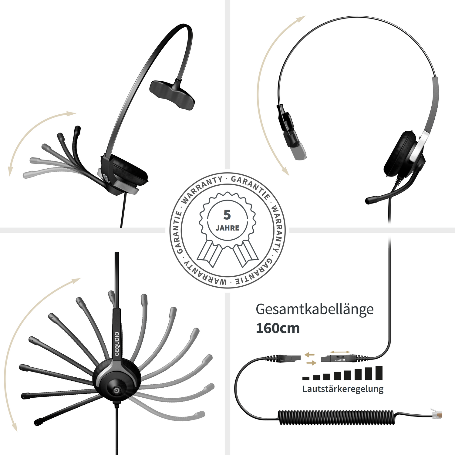 Schwarz für GEQUDIO On-ear mit Headset Kabel, Unify 1-Ohr Headset