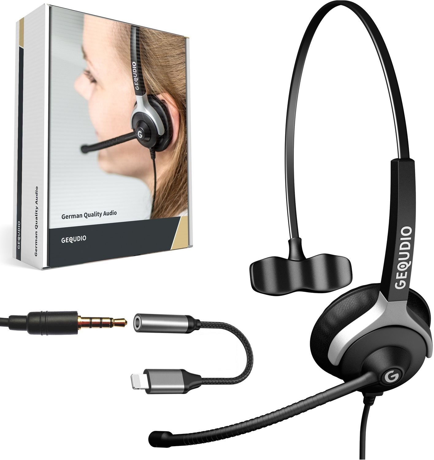 GEQUDIO Headset 1-Ohr mit Headset On-ear Klinke 3,5mm Schwarz und Kabel-Adapter