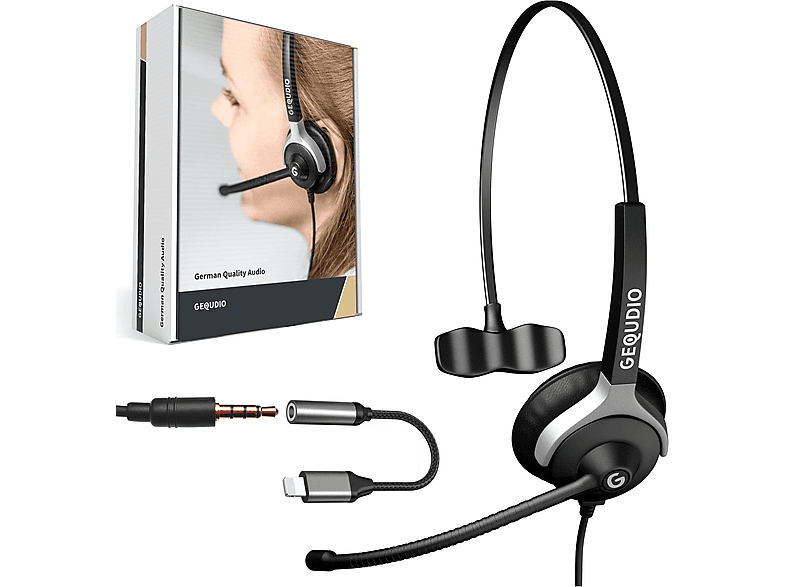GEQUDIO Headset 1-Ohr mit 3,5mm Klinke und Kabel-Adapter, On-ear Headset Schwarz