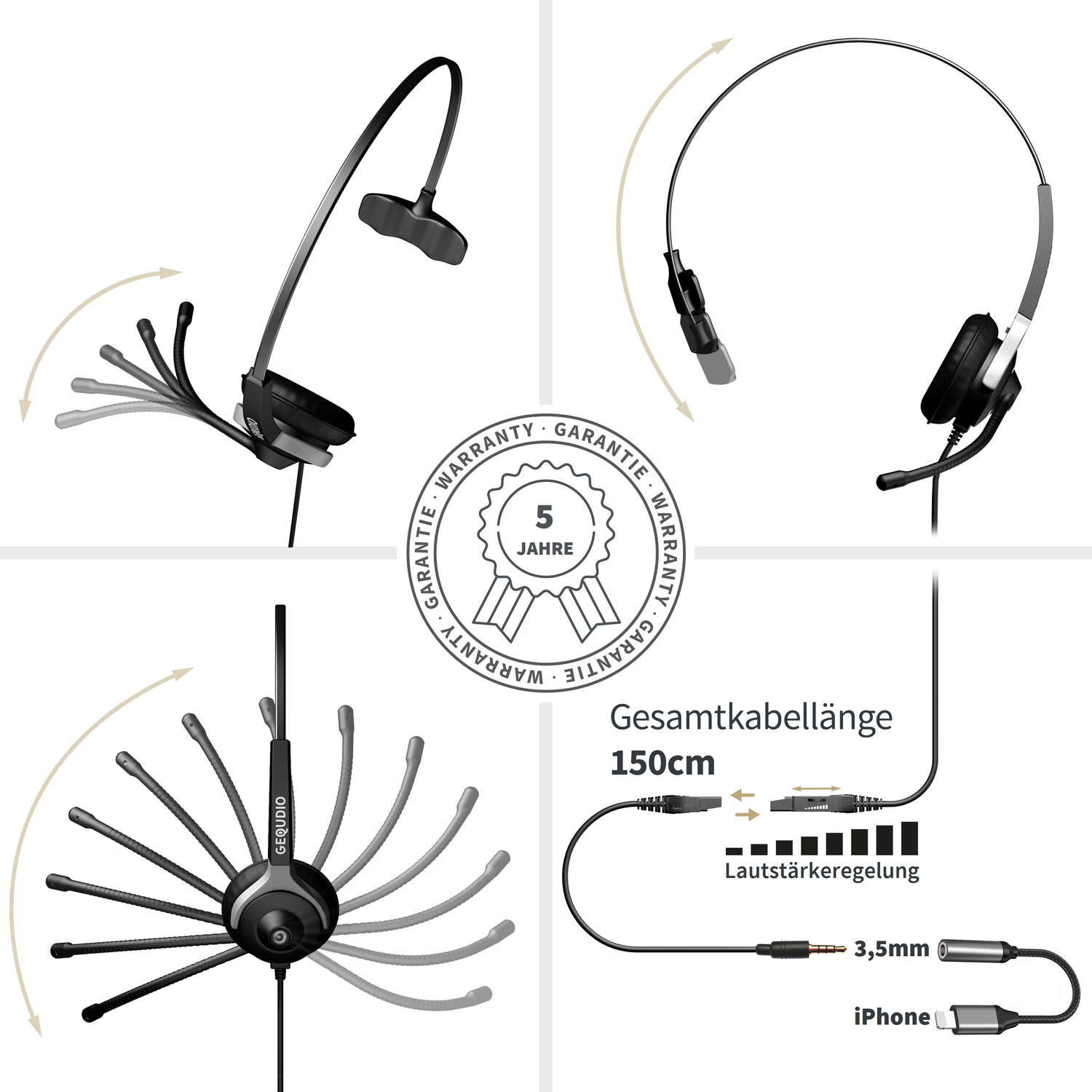 GEQUDIO Headset 1-Ohr mit 3,5mm On-ear Kabel-Adapter, Headset und Klinke Schwarz