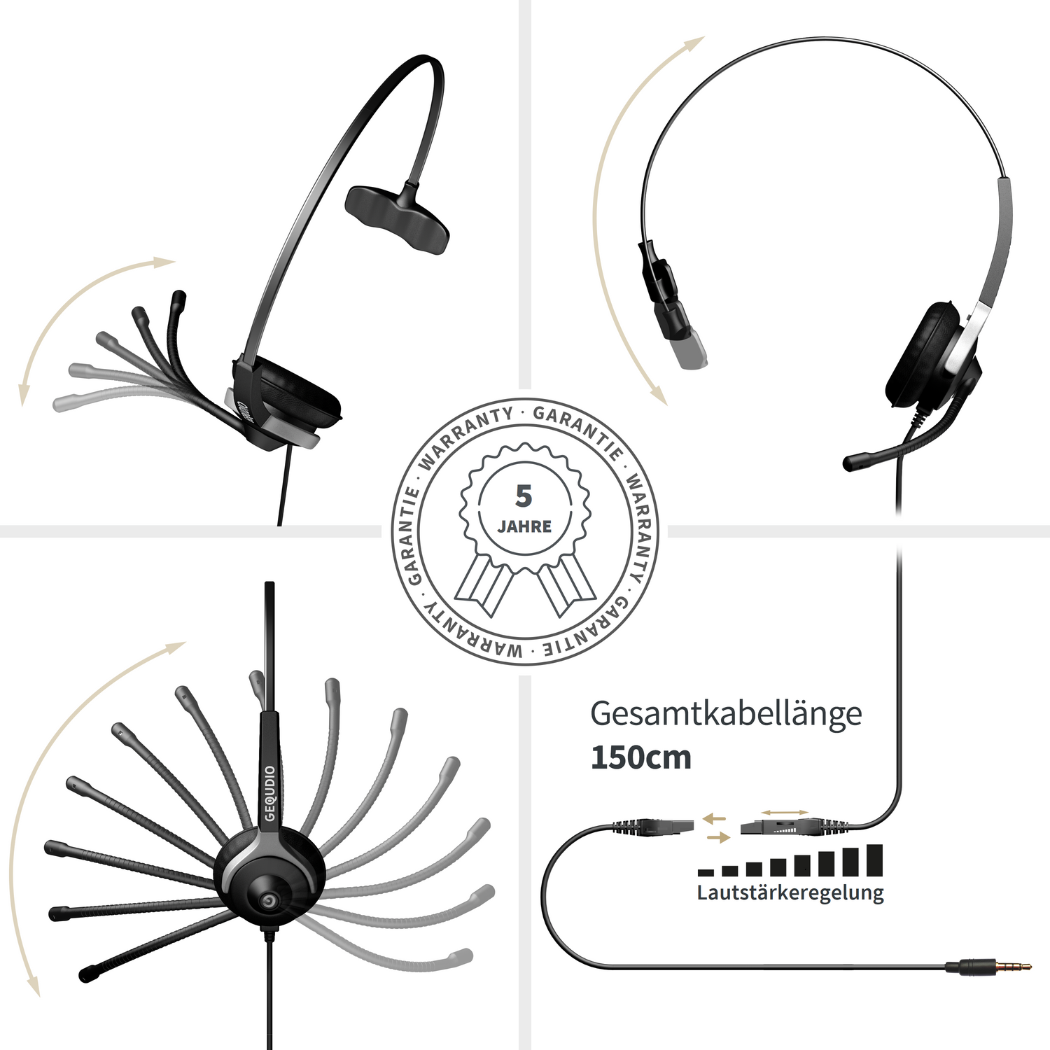 Diagramma che mostra un auricolare con parti regolabili, informazioni sulla garanzia e dettagli sulla lunghezza del cavo.