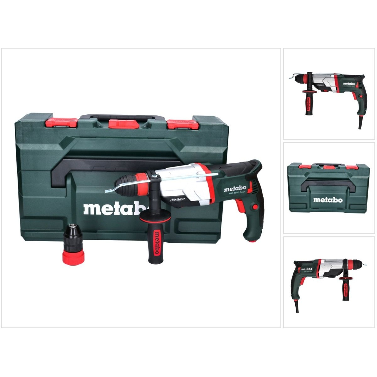 Metabo Bohrhammer und Koffer. Bohrer ist rot und schwarz, Koffer ist grün.
