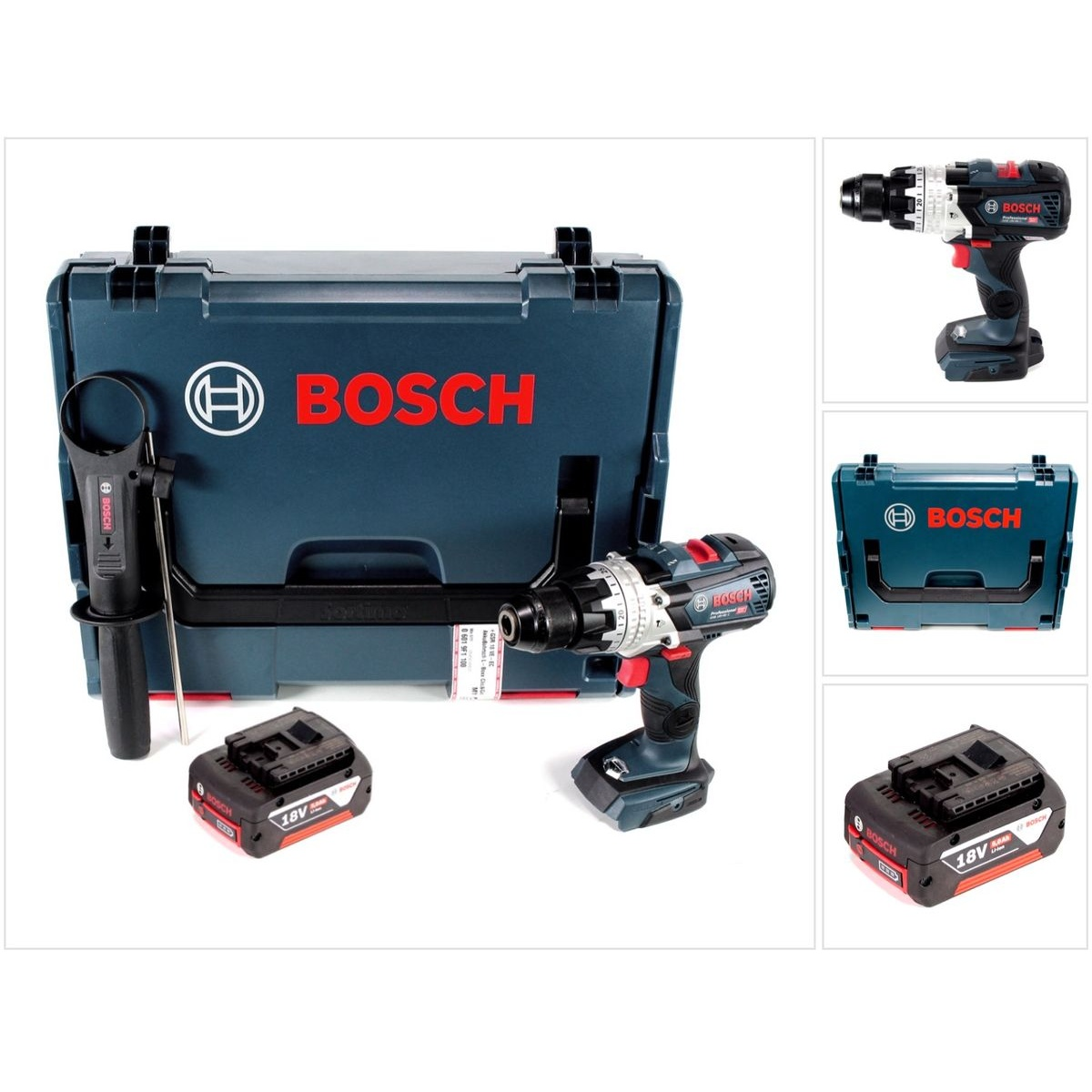 Bosch Bohrmaschinen-Set in einem dunkelblauen Koffer. Bohrmaschine, Akkus, Ladegerät und Zubehör. Zusätzliche Ansichten.