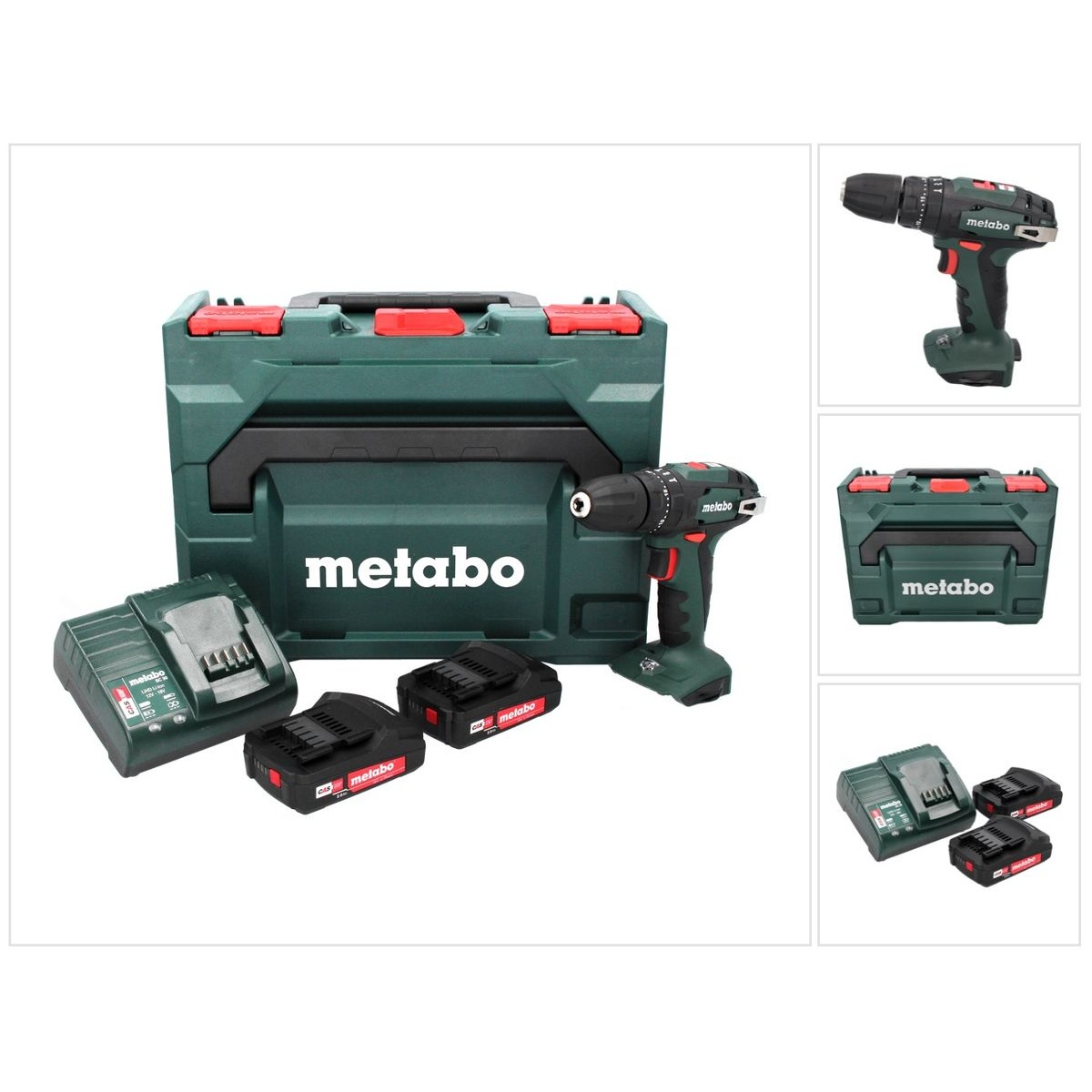 Metabo Bohrmaschinen-Set in einem grünen Koffer mit zusätzlichem Werkzeug. Mehrere Bilder zeigen verschiedene Winkel.