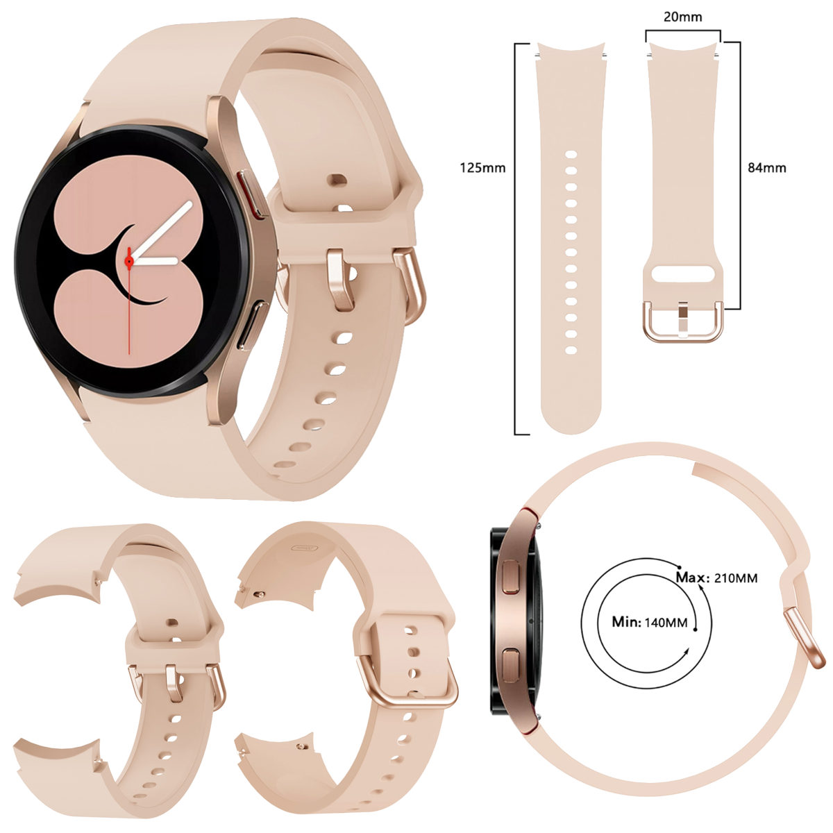 Uhr mit rosa Armband, Detailansicht, zeigt Zifferblatt und Armbandmaße.