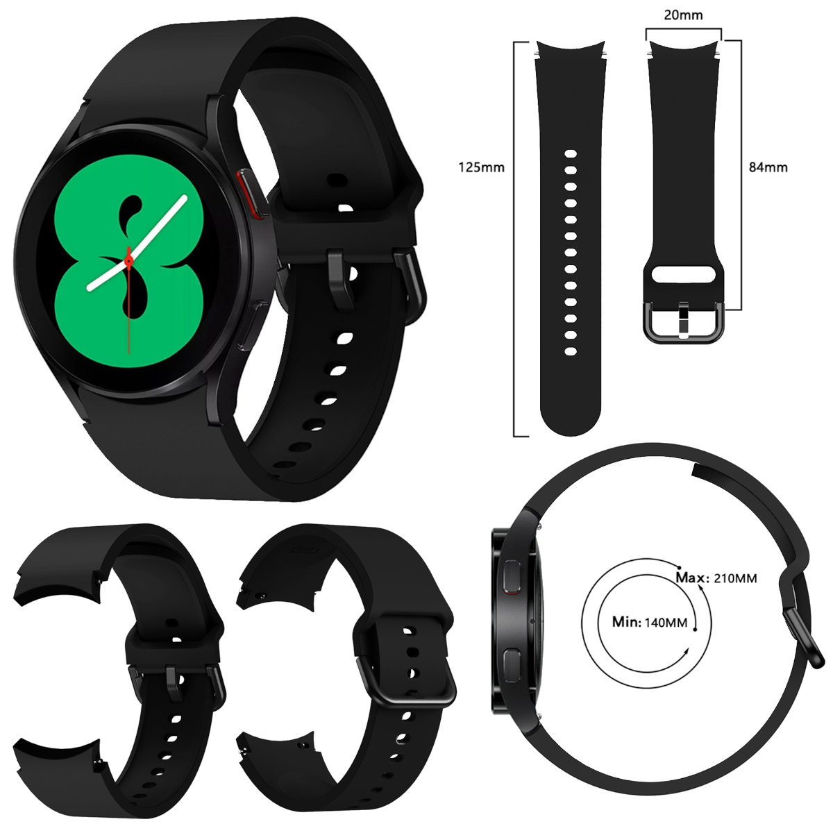 Eine schwarze Smartwatch mit grünem Display. Diagramme zeigen Größe und Armbanddetails.