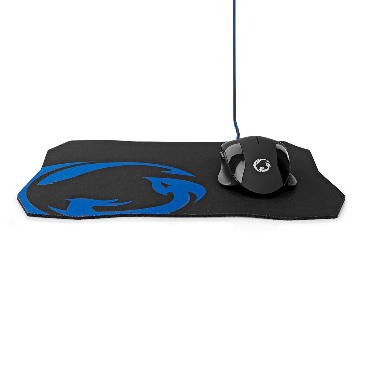 Mouse da gioco nero su un tappetino per mouse nero e blu. Il tappetino ha un design blu.