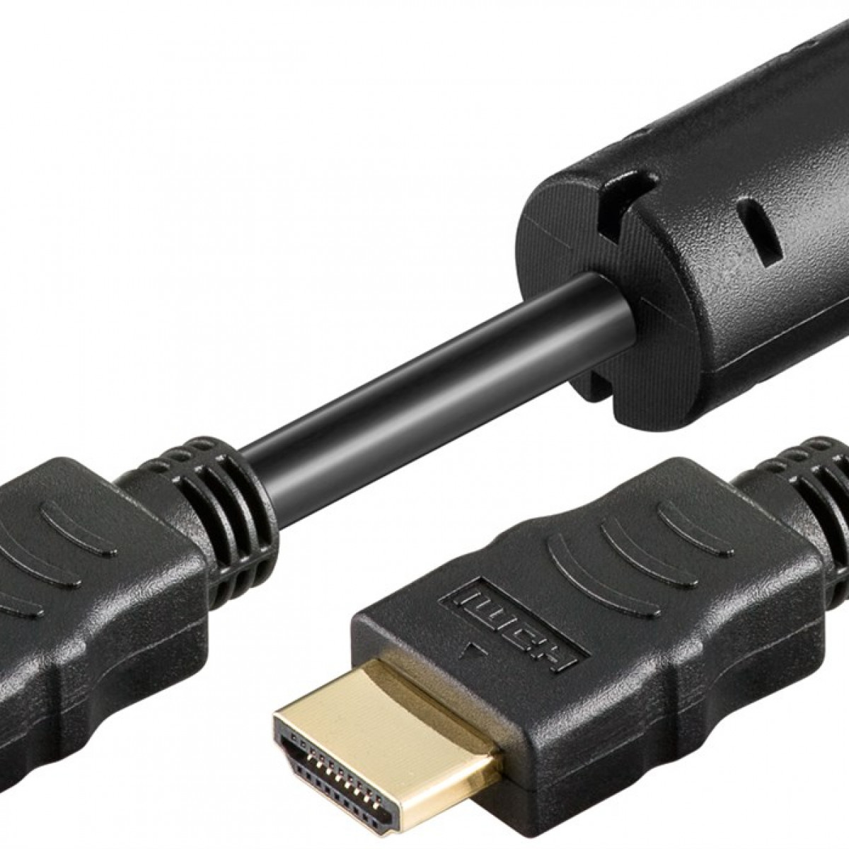 Schwarze HDMI-Kabel, eines mit sichtbaren Steckern und das andere mit schwarzer Abdeckung.