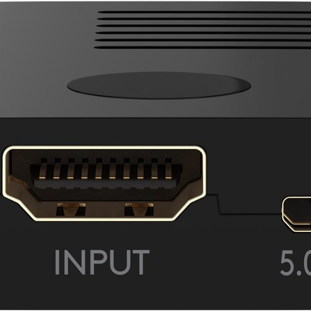 Nahaufnahme eines schwarzen HDMI-Eingangsanschlusses mit dem Wort 'INPUT' darunter.