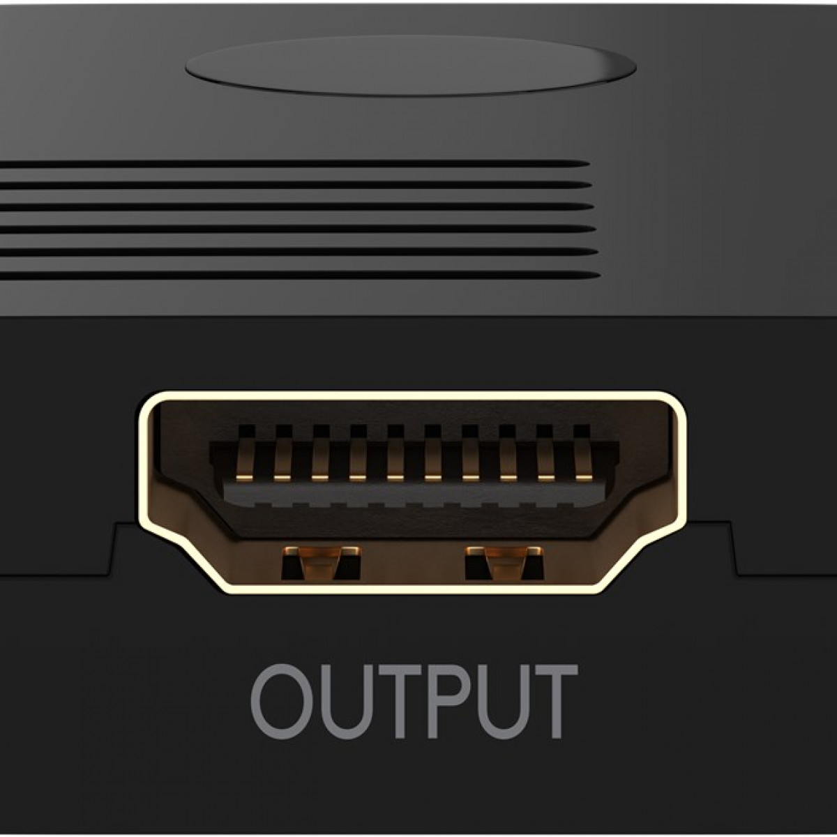 Ein schwarzer HDMI-Ausgangsanschluss an einem schwarzen Gerät. Das Wort OUTPUT steht unter dem Anschluss.