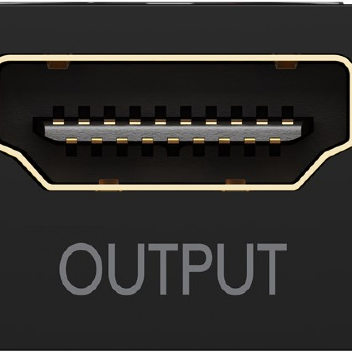 Nahaufnahme eines HDMI-Ausgangsanschlusses mit dem Wort 'OUTPUT' darunter in weißem Text.