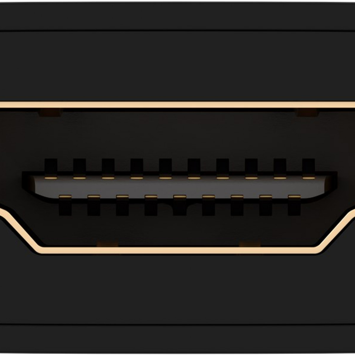 Nahaufnahme eines HDMI-Anschlusses, ein schwarzes Rechteck mit goldfarbenen Umrissen und kleinen Steckern im Inneren.
