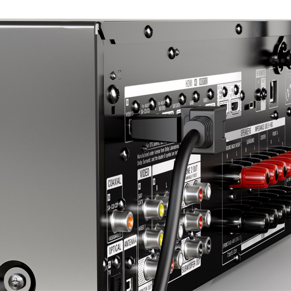 Rückansicht eines schwarzen Audio-Receivers mit verschiedenen Ein- und Ausgängen.