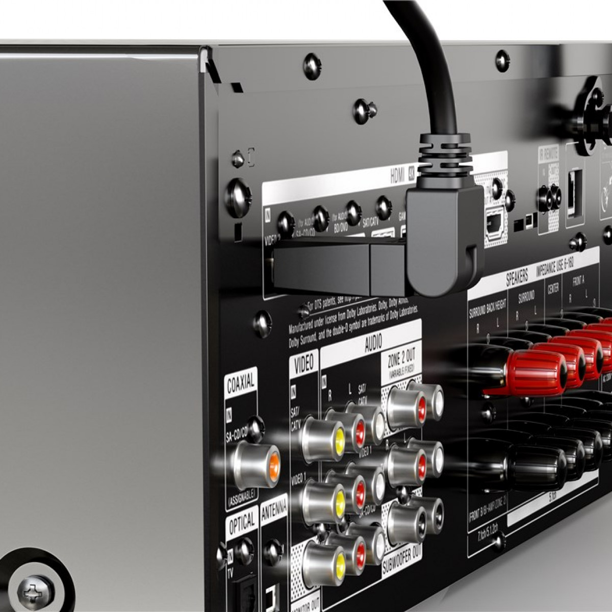 Rückseite eines schwarzen AV-Receivers mit verschiedenen Ein- und Ausgängen, schwarzes Kabel.