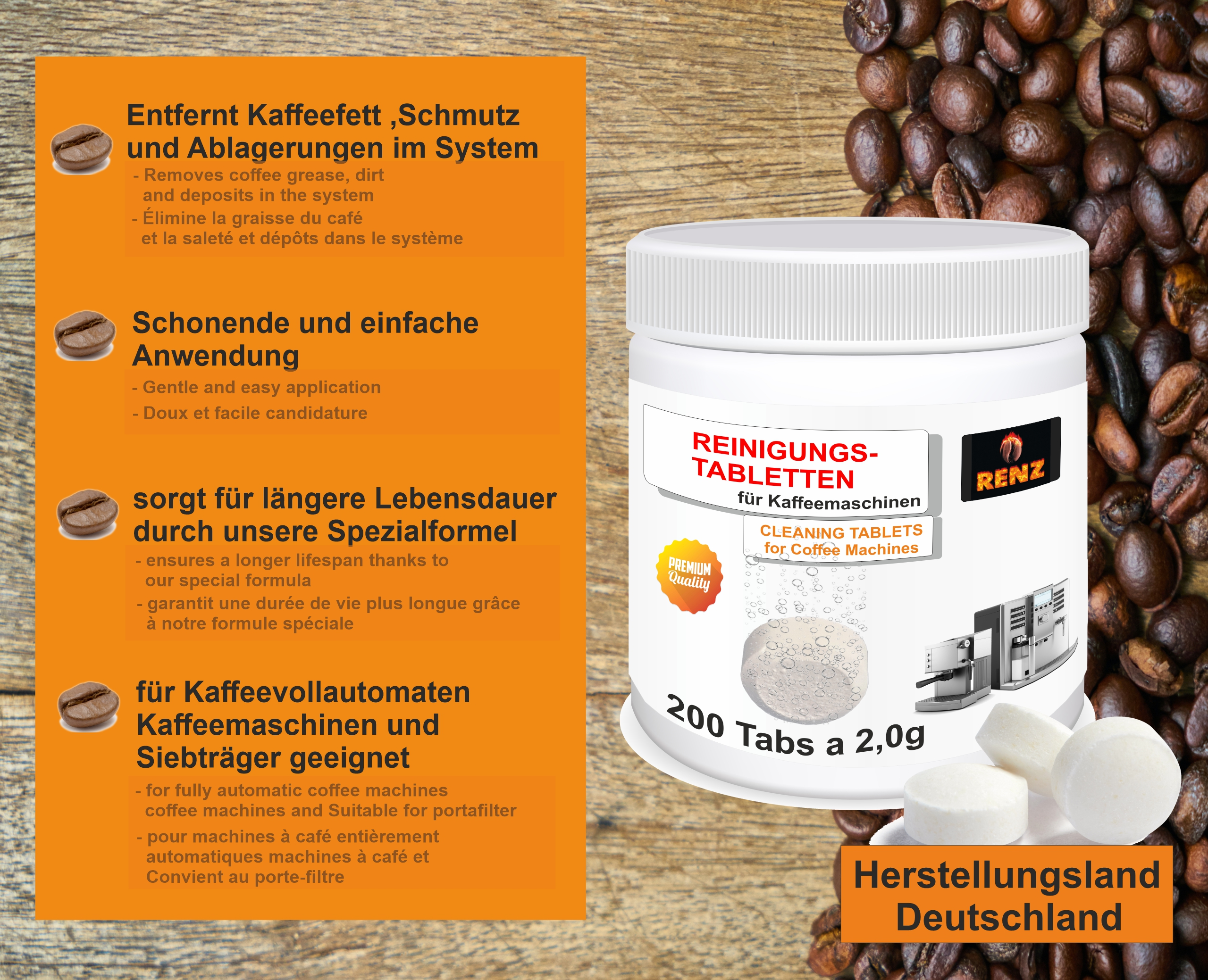 Weiße Tabletten in einem Glas mit Text und Kaffeebohnen.