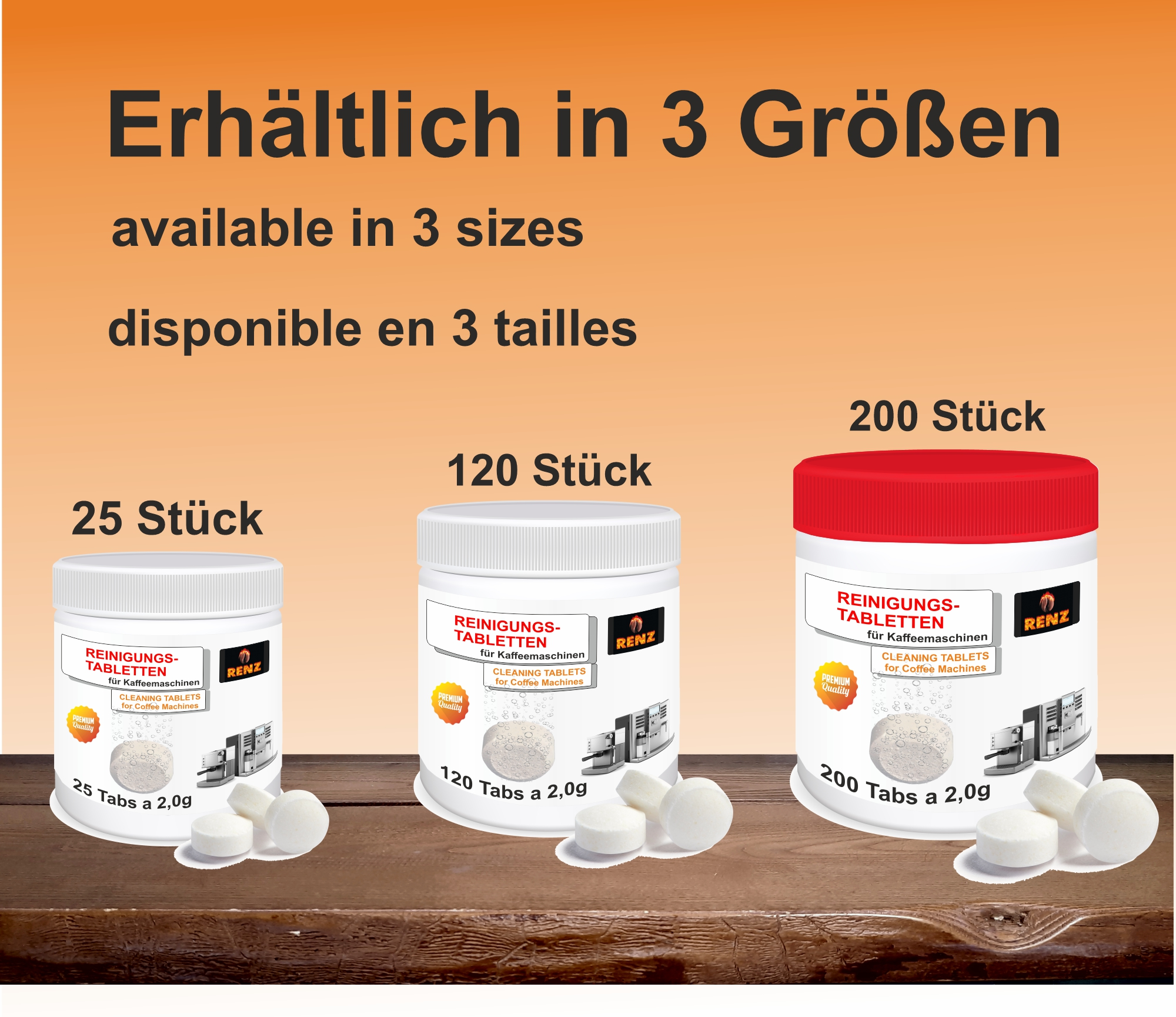 Drei weiße Behälter mit Reinigungstabletten. Etiketten auf Deutsch, verschiedene Größen.