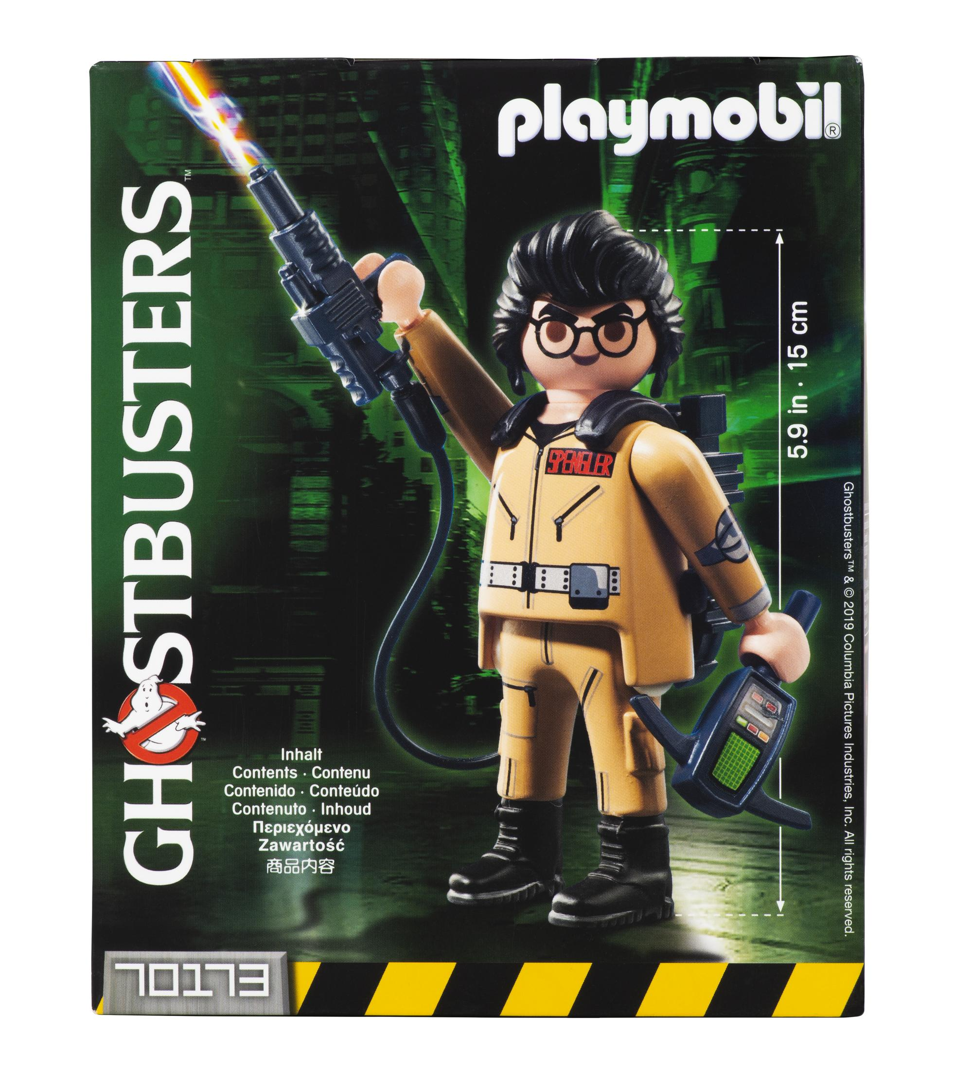 Pudełko Playmobil Ghostbusters z figurką trzymającą plecak protonowy i broń.