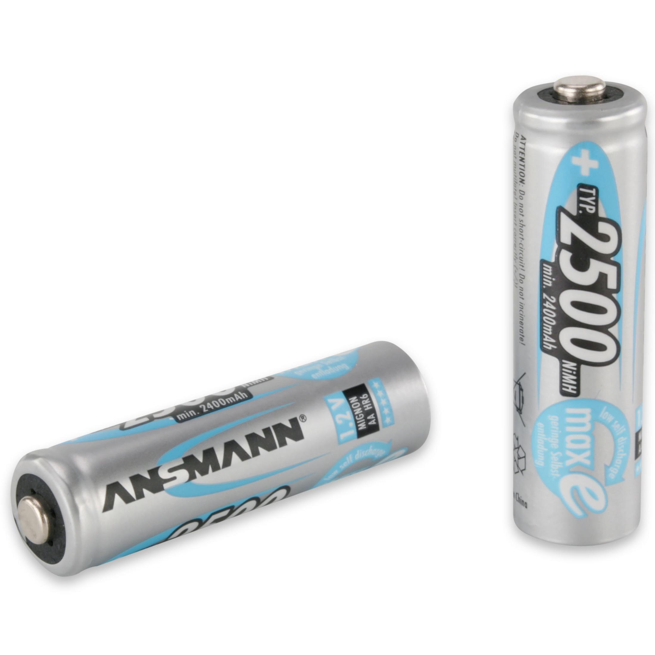Zwei Batterien, eine stehend, eine liegend, mit Text darauf.