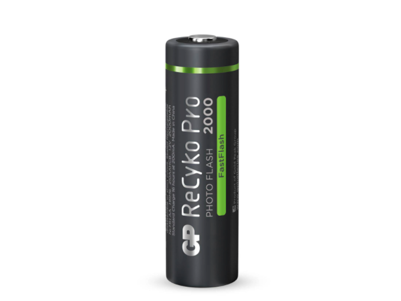 Una batteria per flash fotografico CP ReCyko Pro 2000 nera e grigia su sfondo nero.