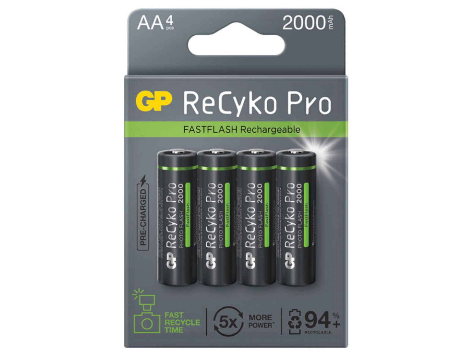 Quattro batterie AA ricaricabili in una confezione blister.