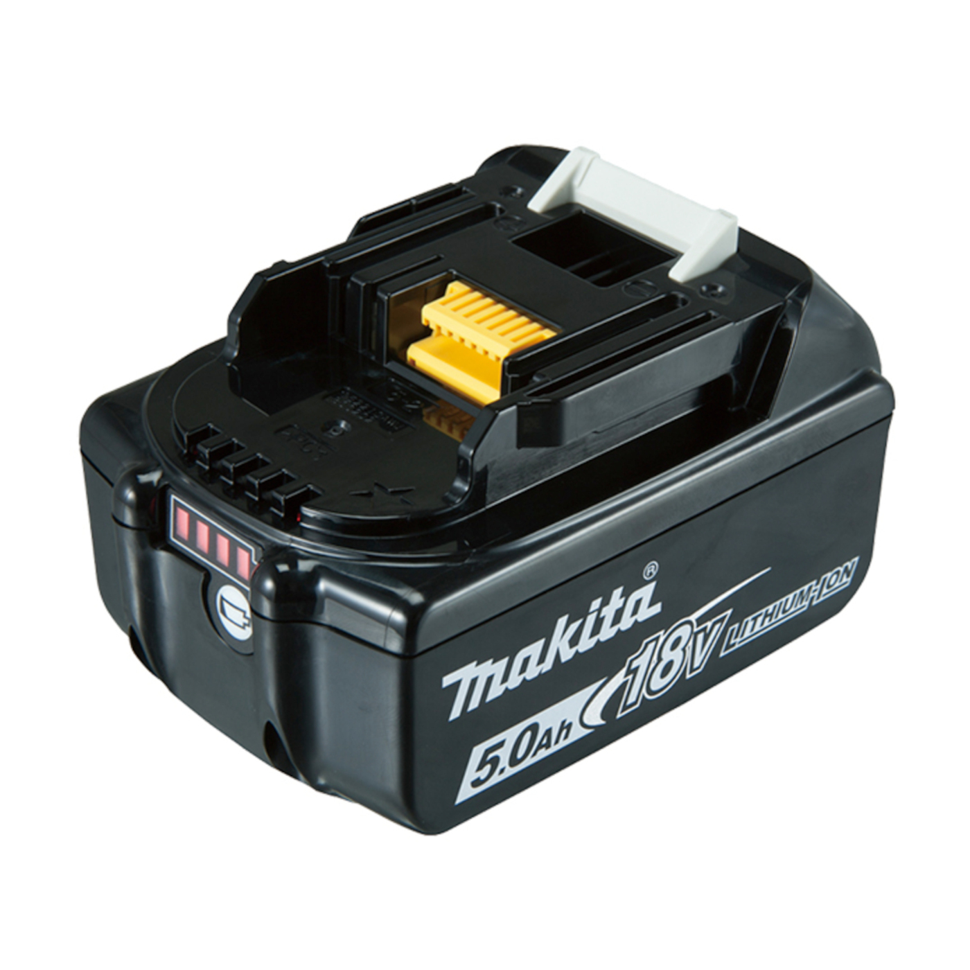 Batteria Makita 18V nera con testo bianco e connettore giallo su sfondo bianco.