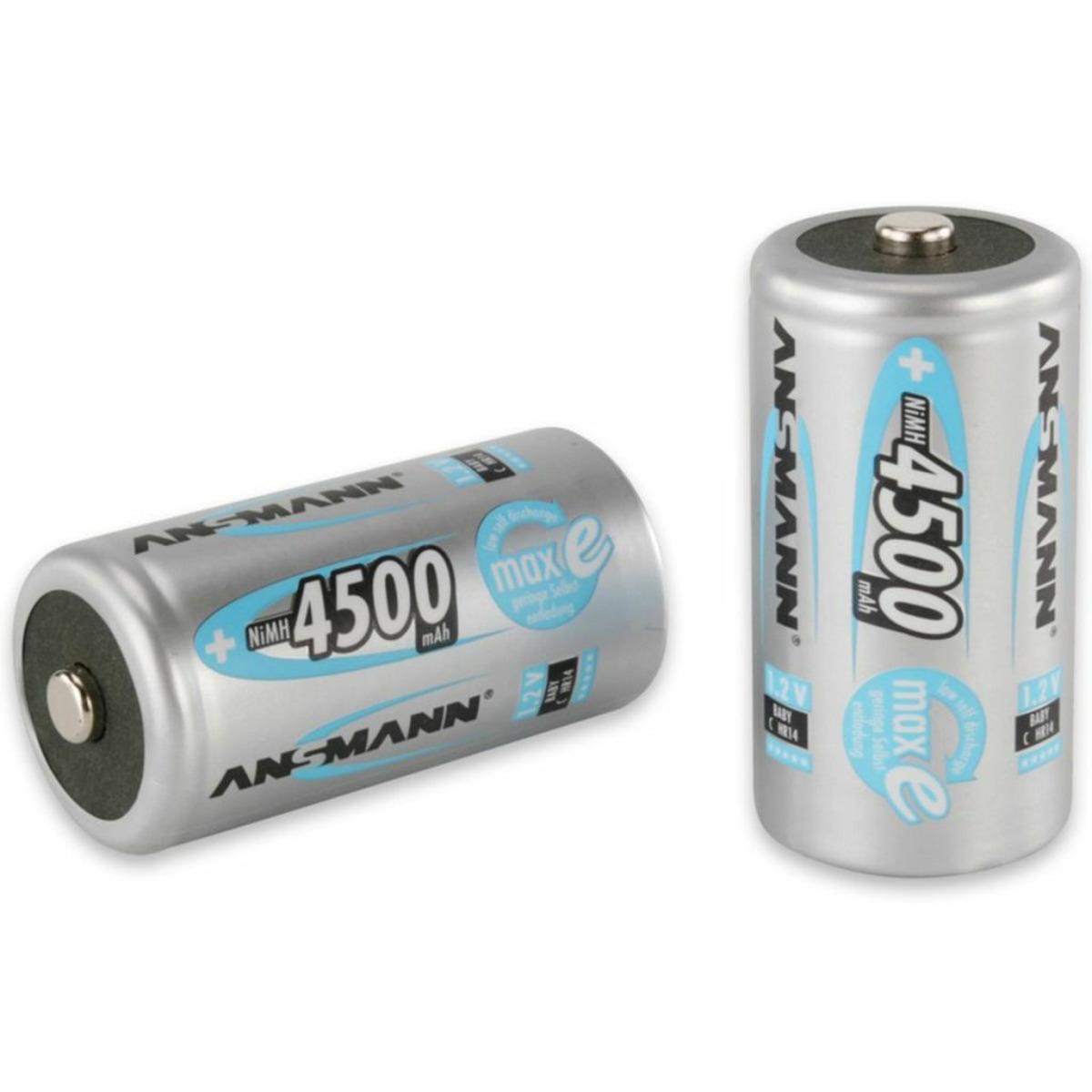 Due batterie ANSMANN argentate. Una sdraiata, una in piedi. Testo: 4500 mAh, NiMH, 1,2V.