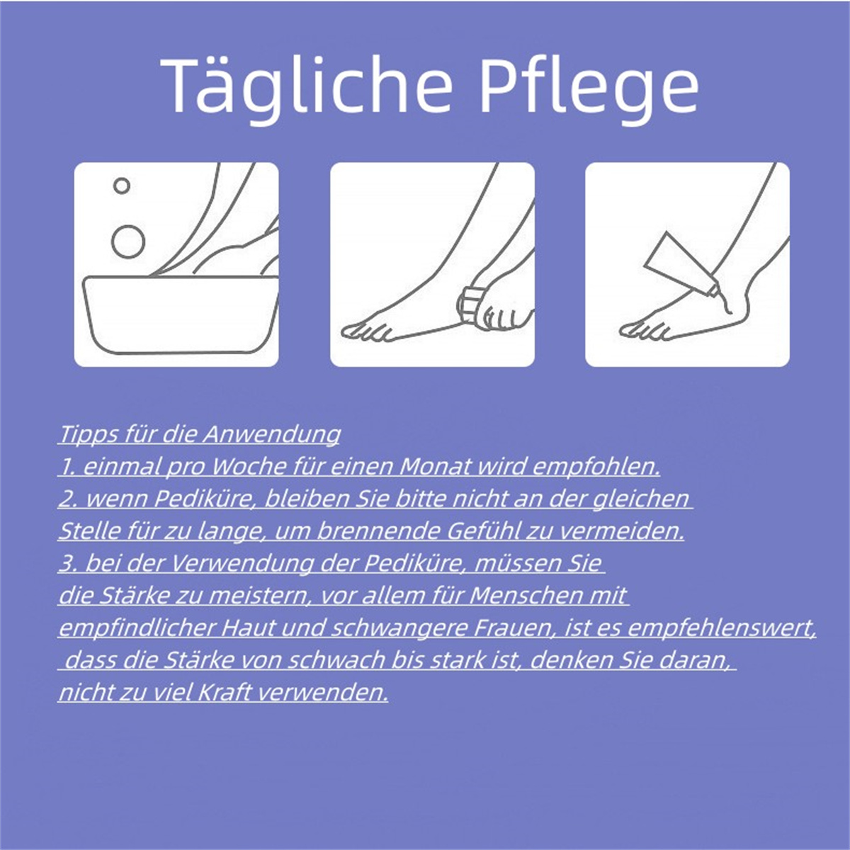 Drei Bilder, die Fußpflege zeigen: Fuß in einer Schüssel, Fuß mit Pediküre und Auftragen von Creme auf einen Fuß.