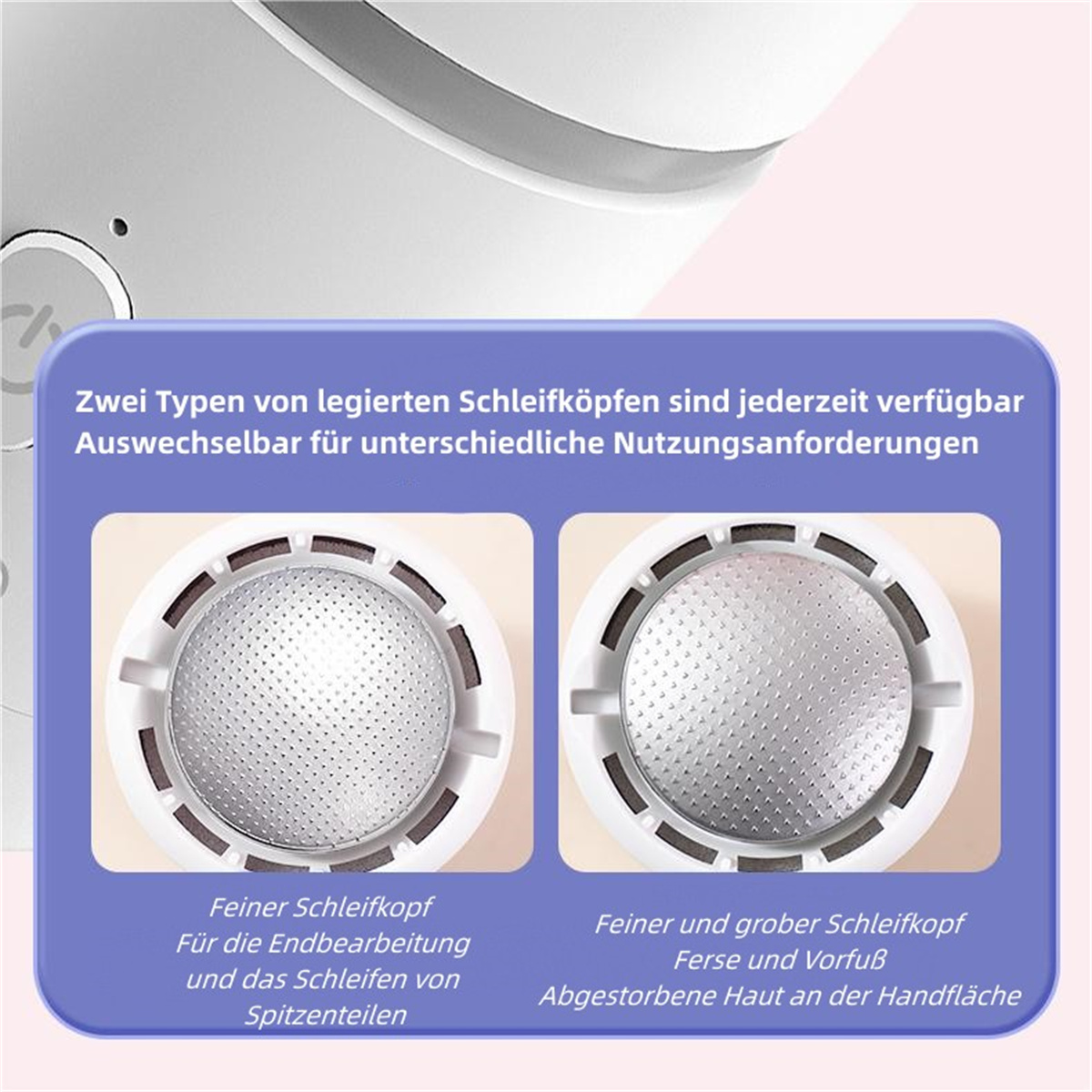 Nahaufnahme von zwei Schleifköpfen, einer für feine und einer für grobe Arbeiten.