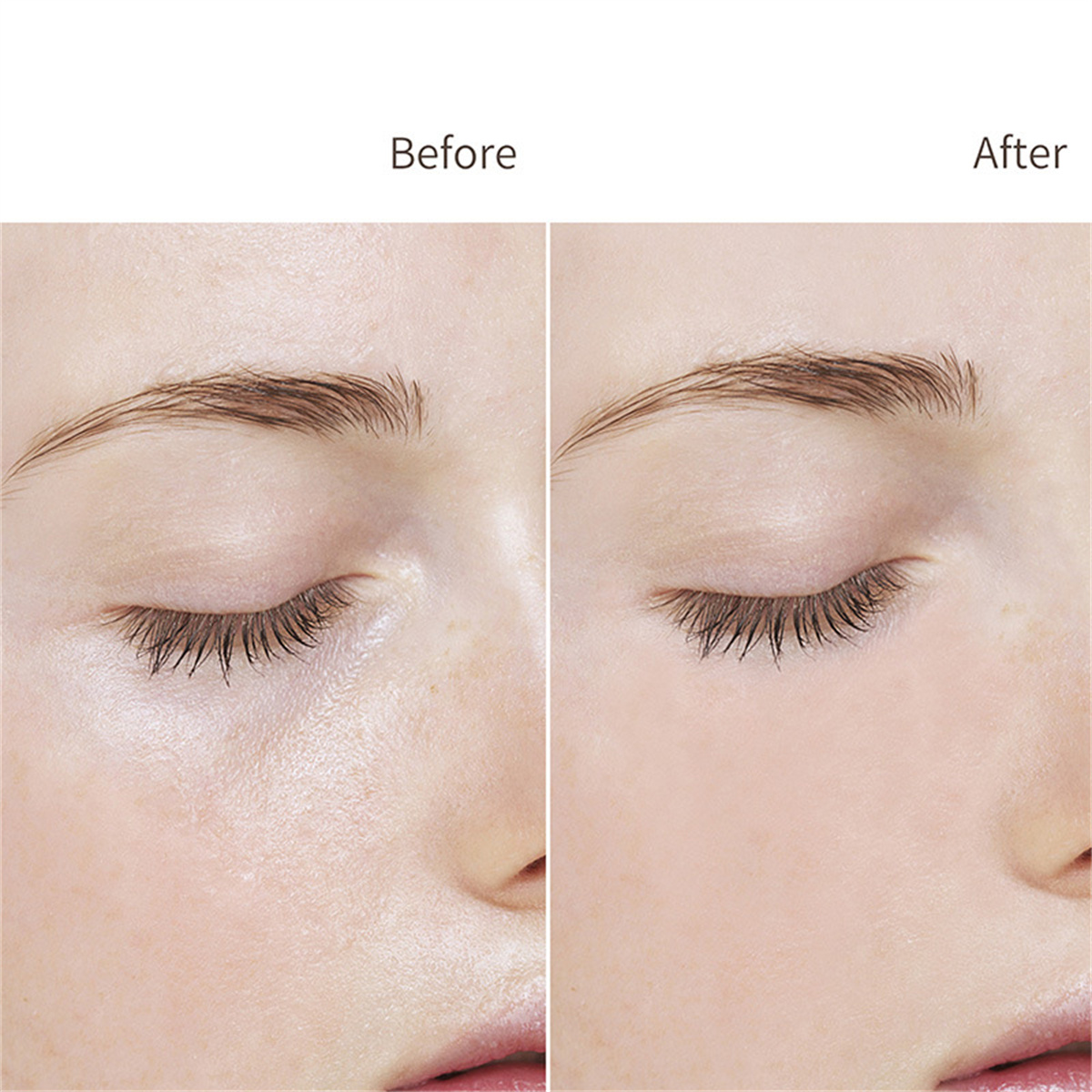 Vorher-Nachher-Bild eines Gesichts mit geschlossenen Augen. Dunklere Wimpern danach.