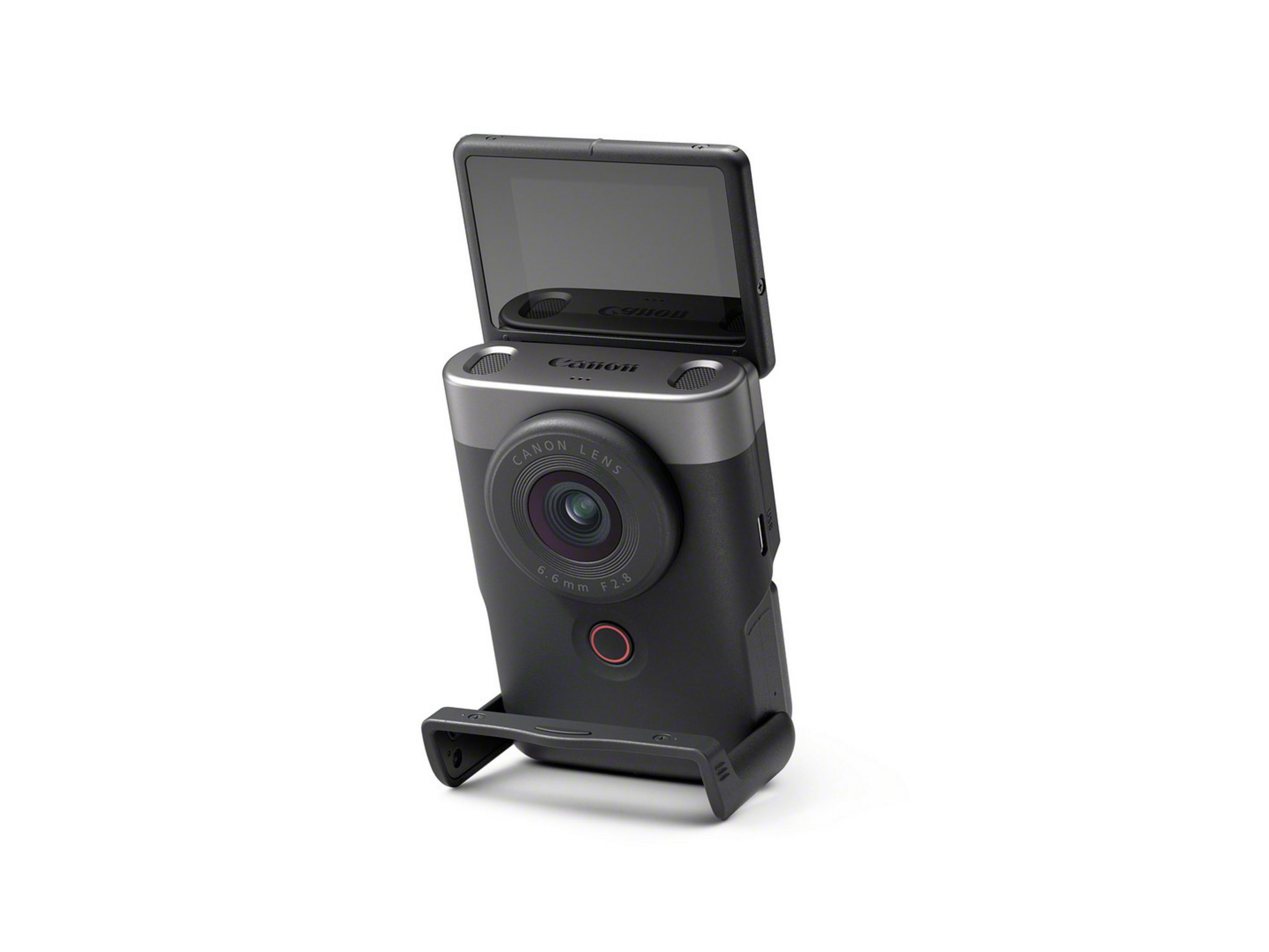 Eine schwarze Canon-Kamera mit hochklappbarem Bildschirm auf weißem Hintergrund.