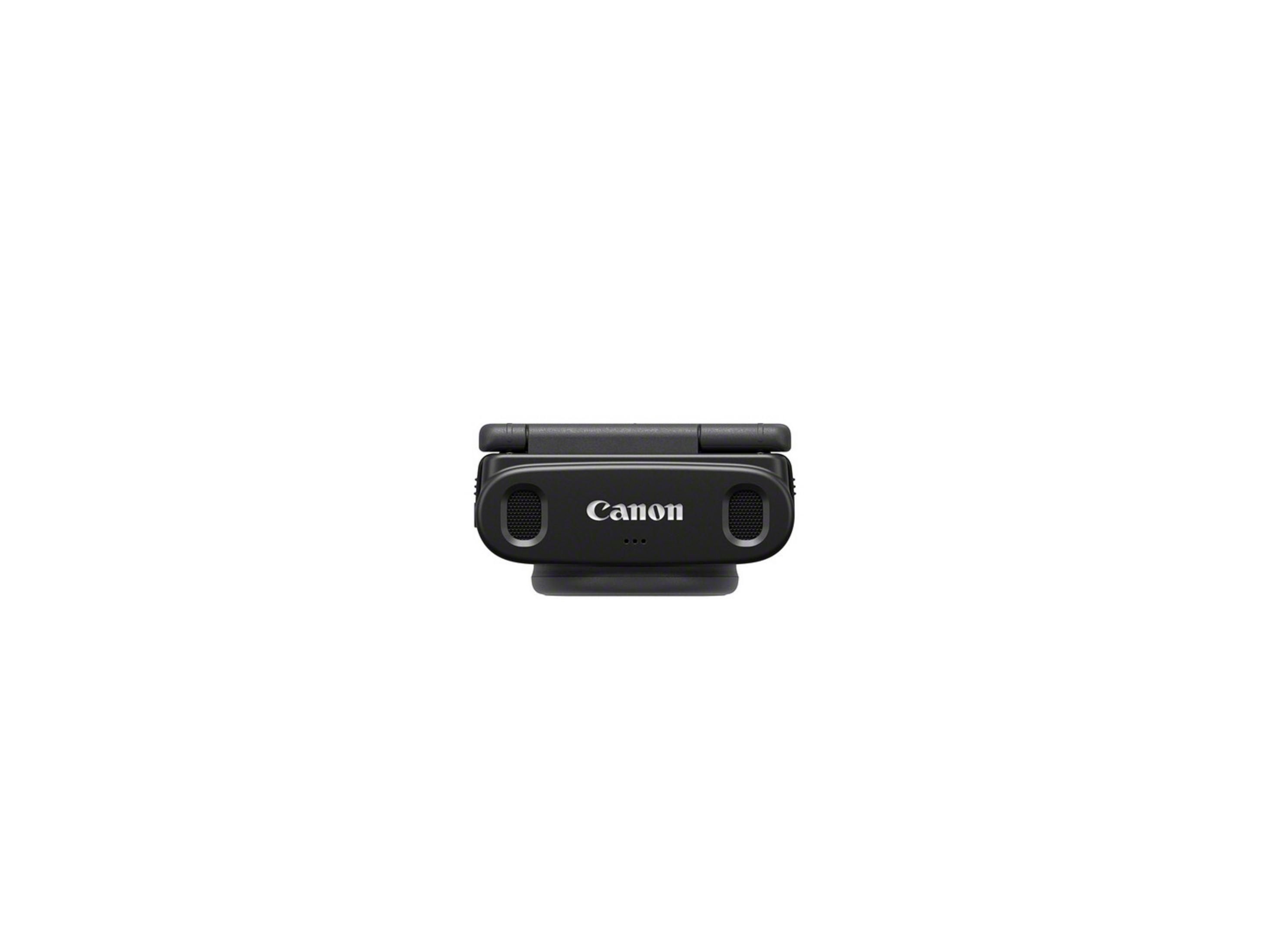 Micrófono negro Canon con el logo de Canon y dos altavoces.