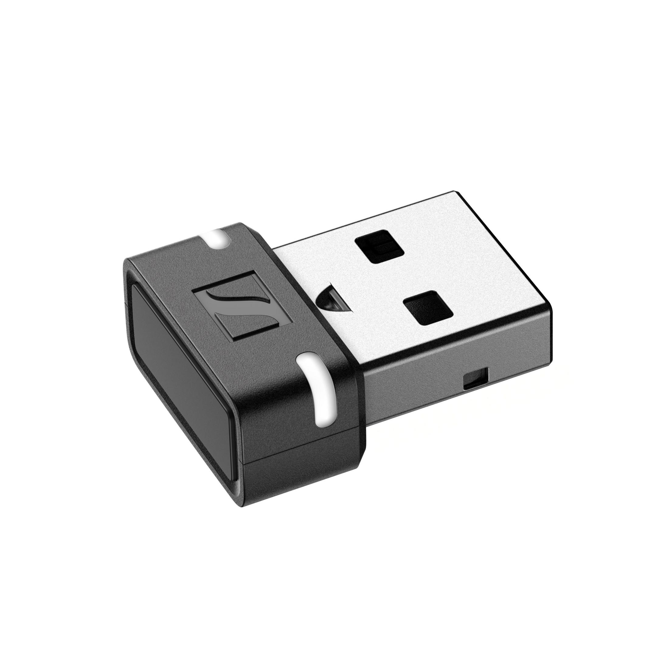Chiavetta USB nera e argento con dettagli bianchi. È collegata a una porta USB.