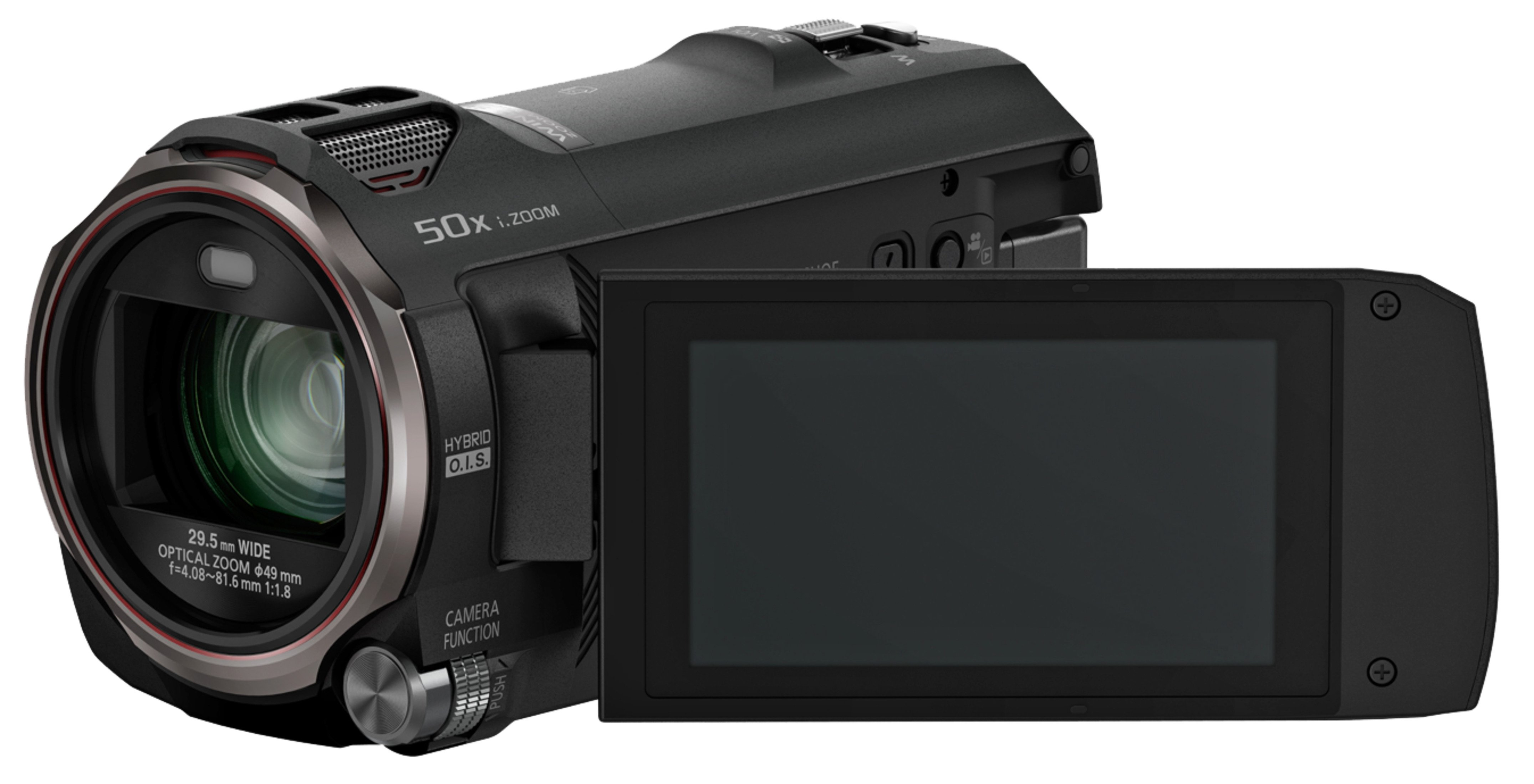 Schwarze Videokamera mit geöffnetem Bildschirm. Zoomobjektiv mit 50-fachem Zoom, und der Bildschirm ist schwarz. Kamera ist schwarz.