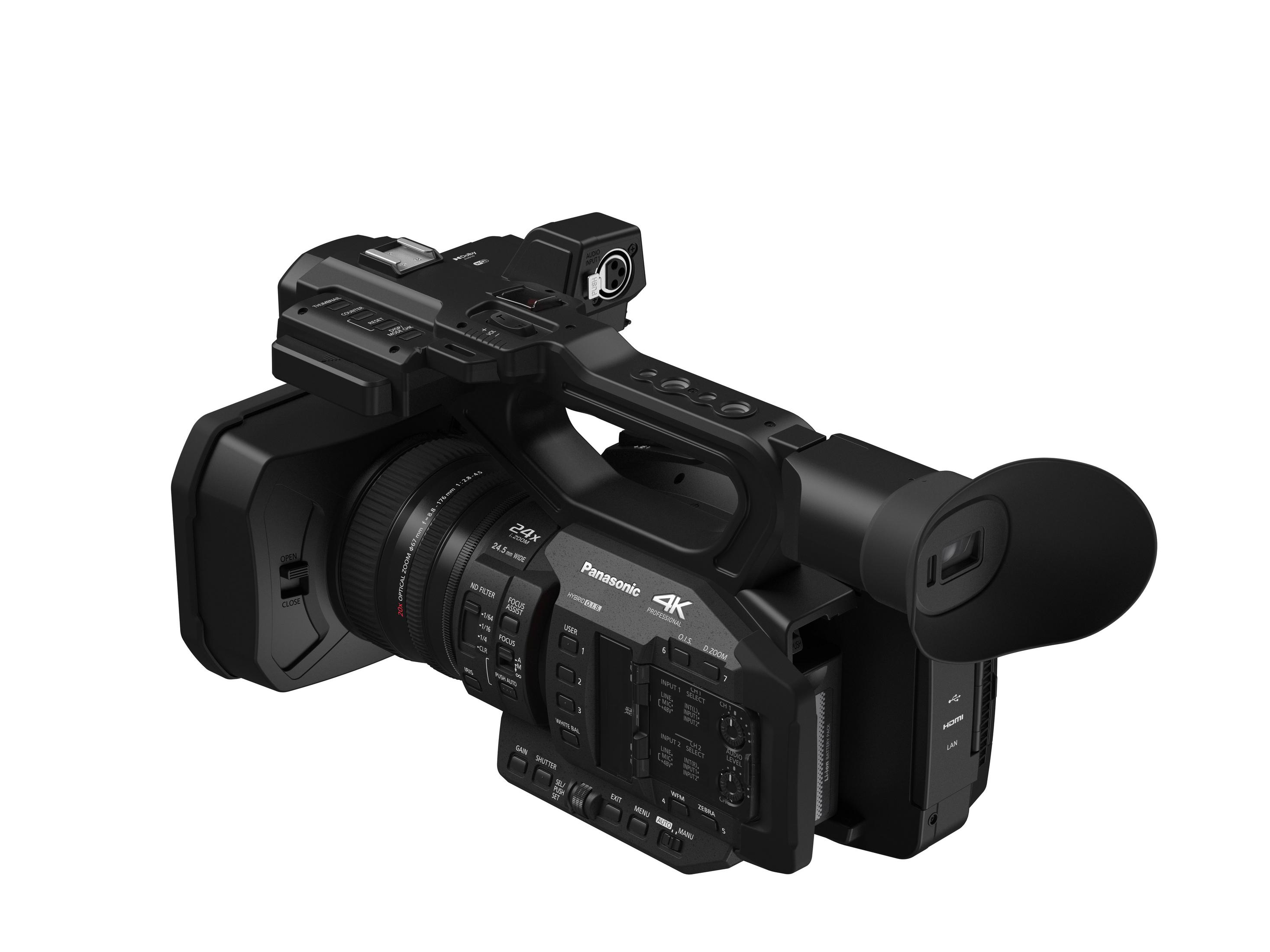 Eine schwarze Panasonic 4K-Kamera. Sie hat ein Objektiv und verschiedene Knöpfe.