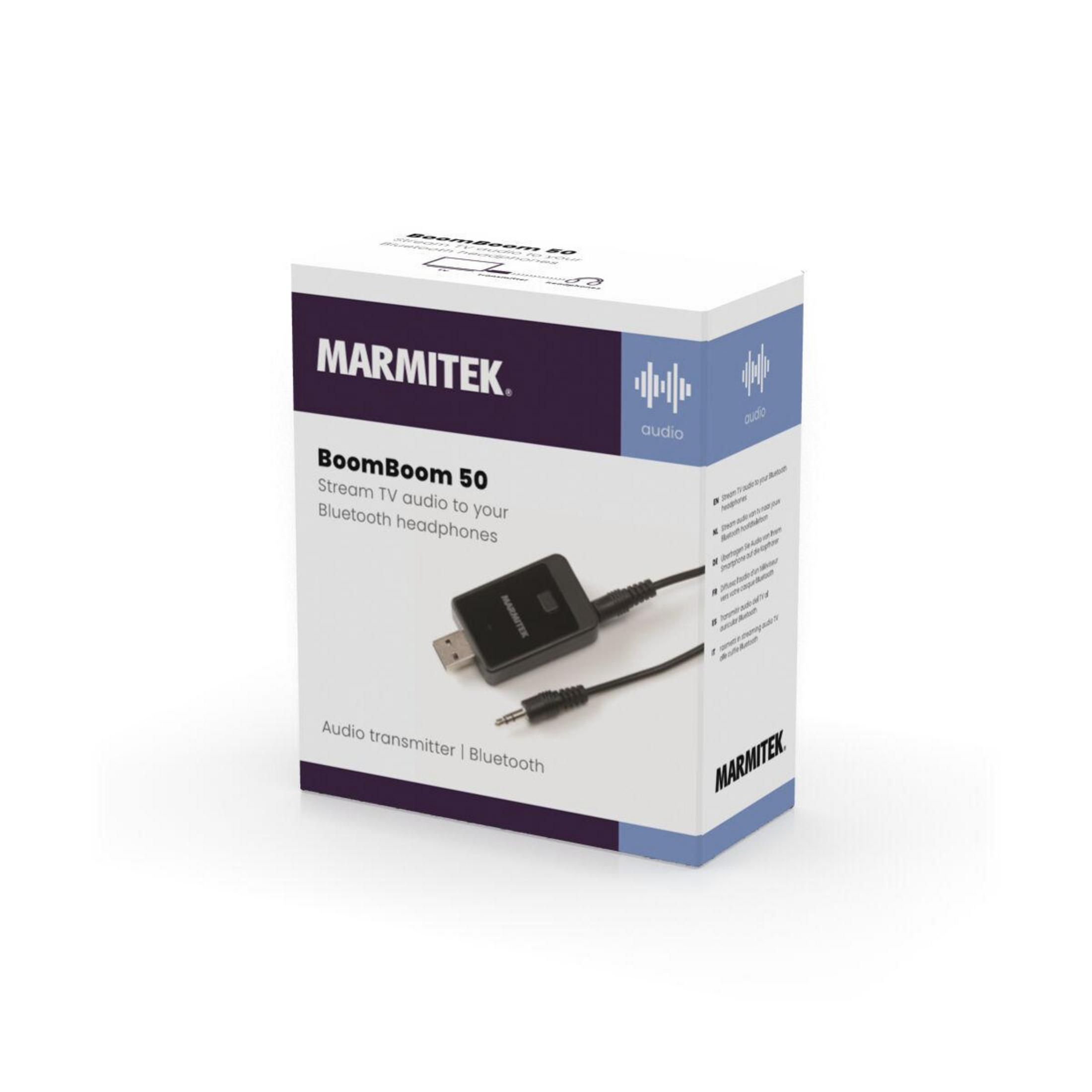 Scatola Marmitek BoomBoom 50. La scatola mostra un dispositivo trasmettitore audio bluetooth.