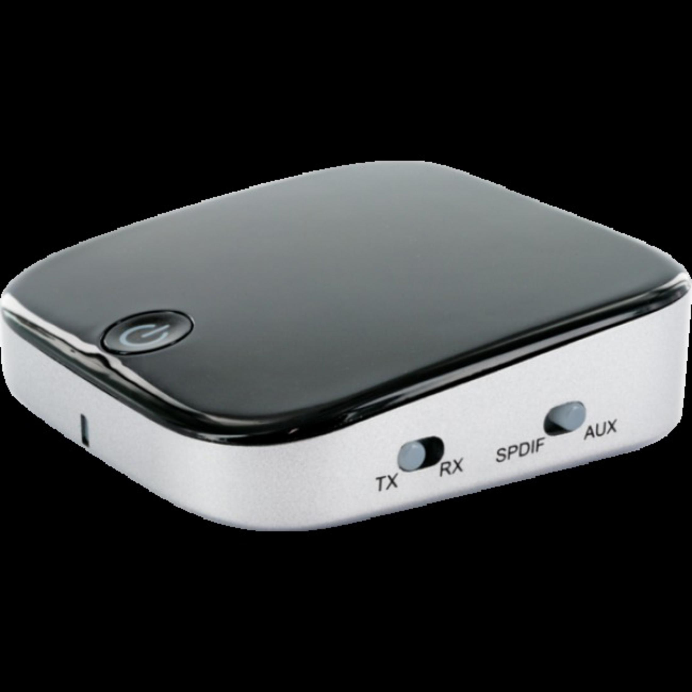 Małe, czarno-srebrne urządzenie z przyciskami, oznaczone TX, RX, SPDIF i AUX.