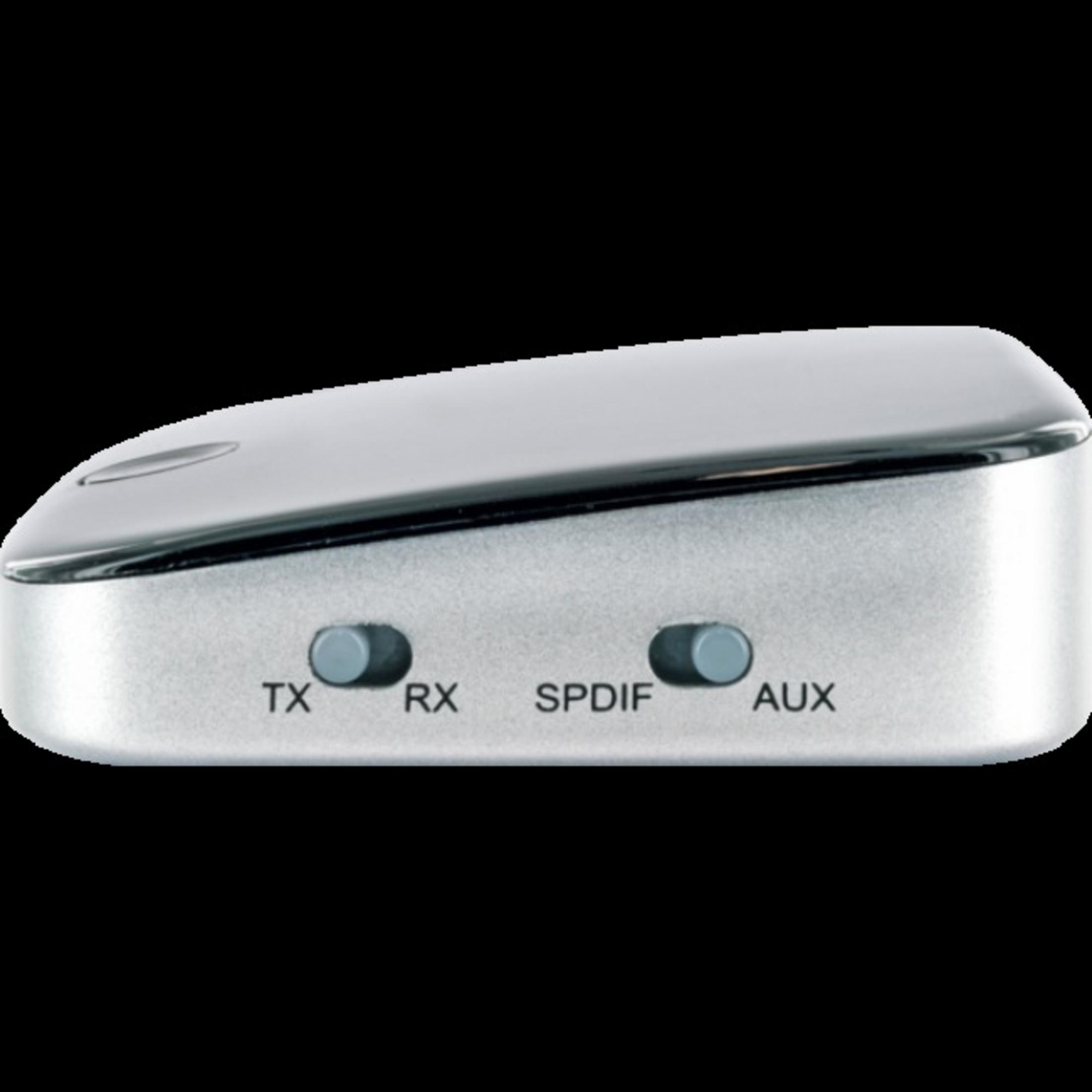 Srebrne urządzenie elektroniczne z przyciskami TX, RX, SPDIF i AUX.
