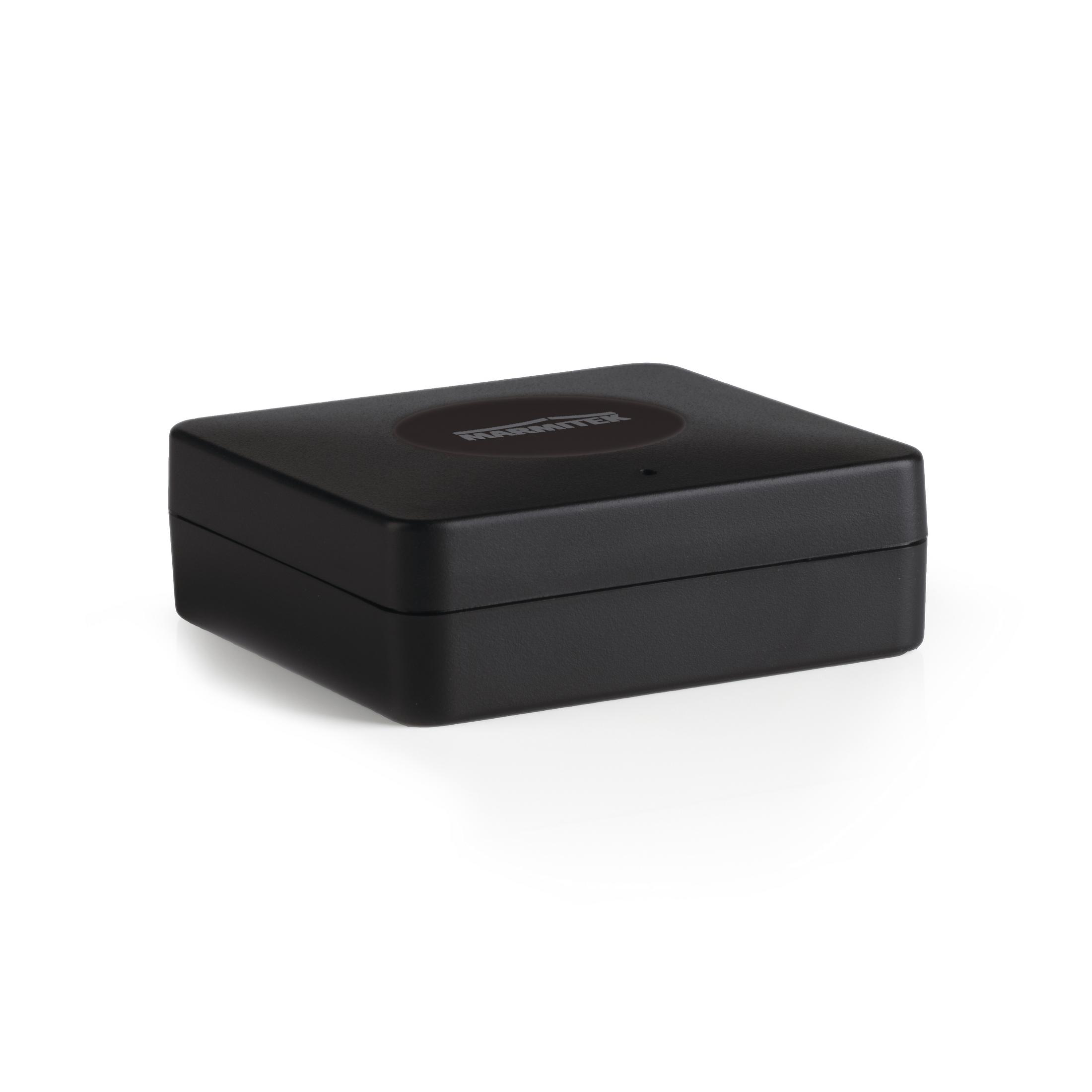 Dispositivo quadrato nero, forse un hub o un router. È un design solido e semplice.
