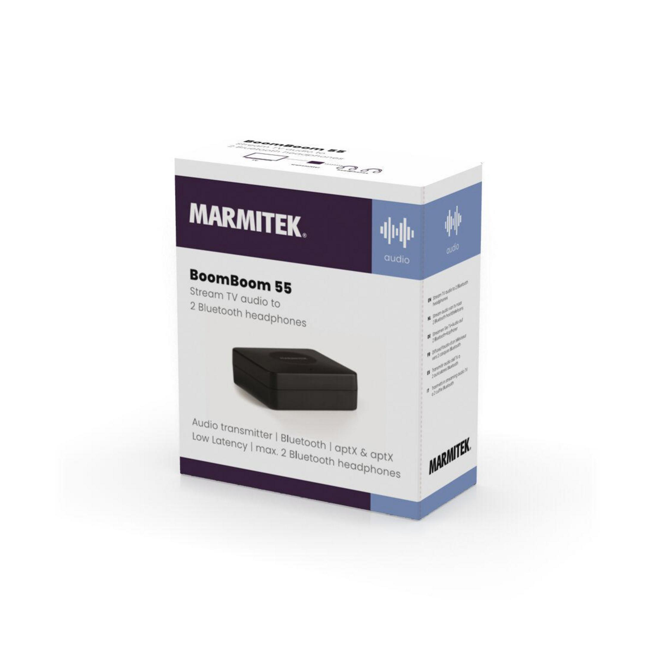 Una scatola bianca con il logo Marmitek e un'immagine del prodotto di un trasmettitore audio nero.