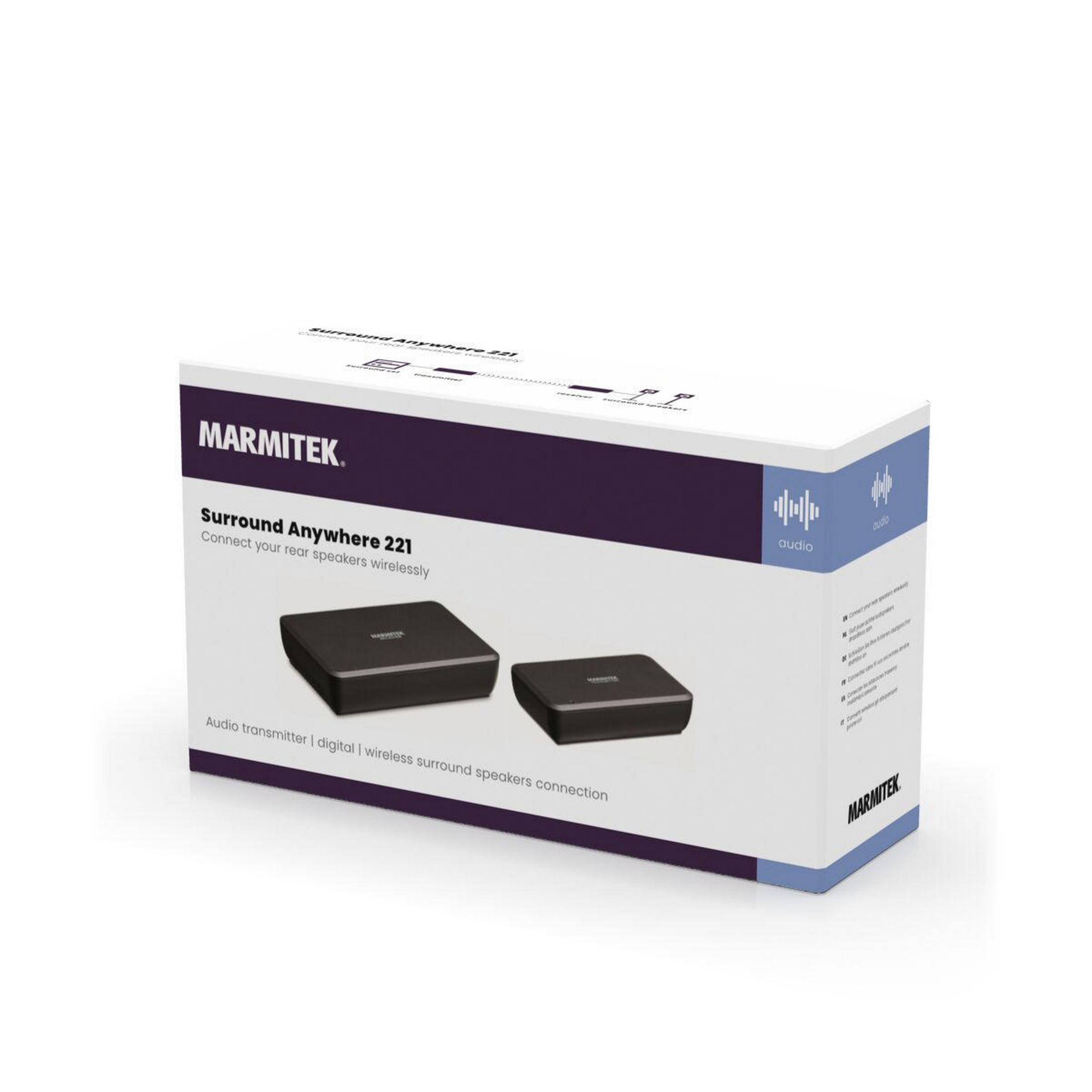 Boîte Marmitek Surround Anywhere 221, avec deux récepteurs noirs et un symbole audio en blanc.