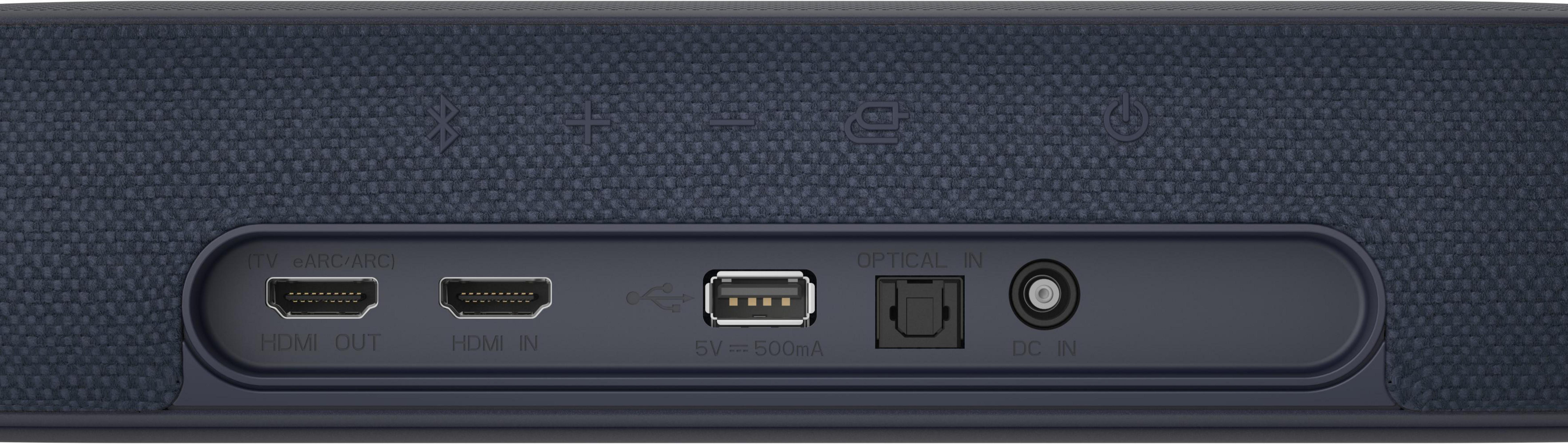 Nahaufnahme der Rückseite einer dunkelblauen Soundbar, mit sichtbaren Eingangsanschlüssen.