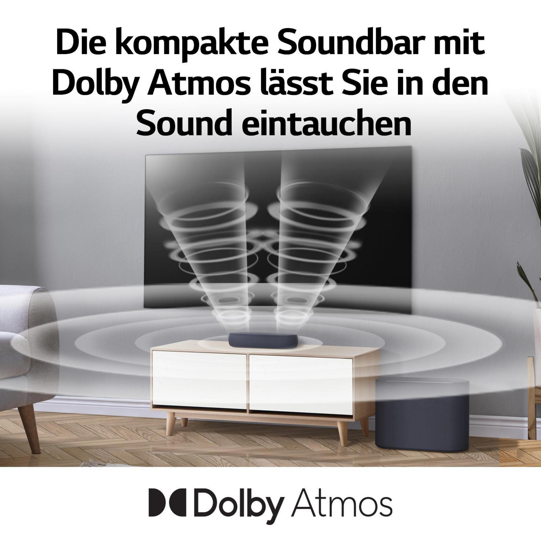 Soundbar auf einem Schrank mit Dolby Atmos Logo und Schallwellen, in einer Innenraumumgebung.